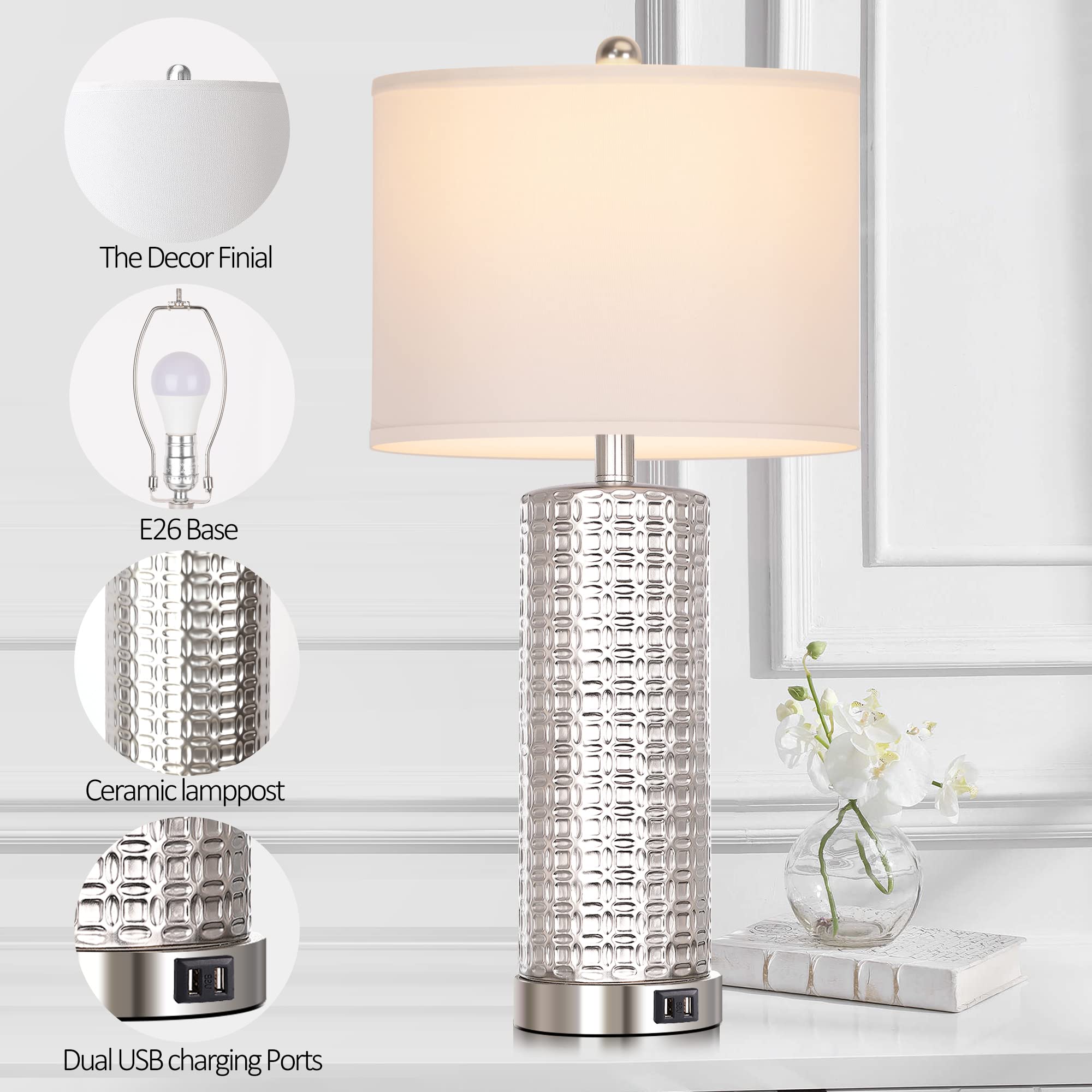 Modern Silver Table Lamps Set of 2 - USB Charging Bedside Lamps with 3-Way Dimmable Touch Control & White Drum Shade - Includes Bulbs - Perfect for Living Room, Bedroom, Office or Nursery Lighting