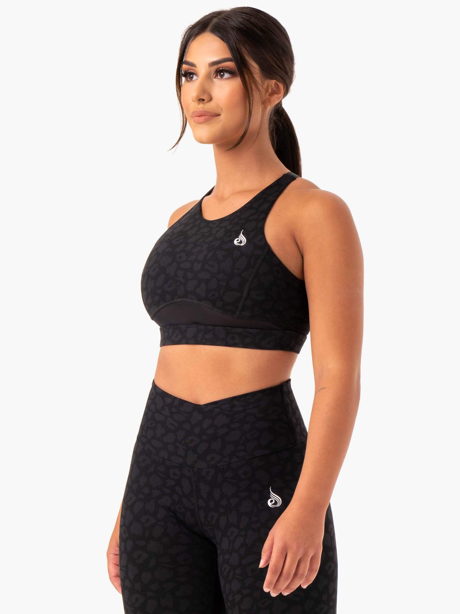 Amazon Mesh Sports Bra for Women - Breathable Black Leopard Print Workout Top for Running, Yoga & Gym
