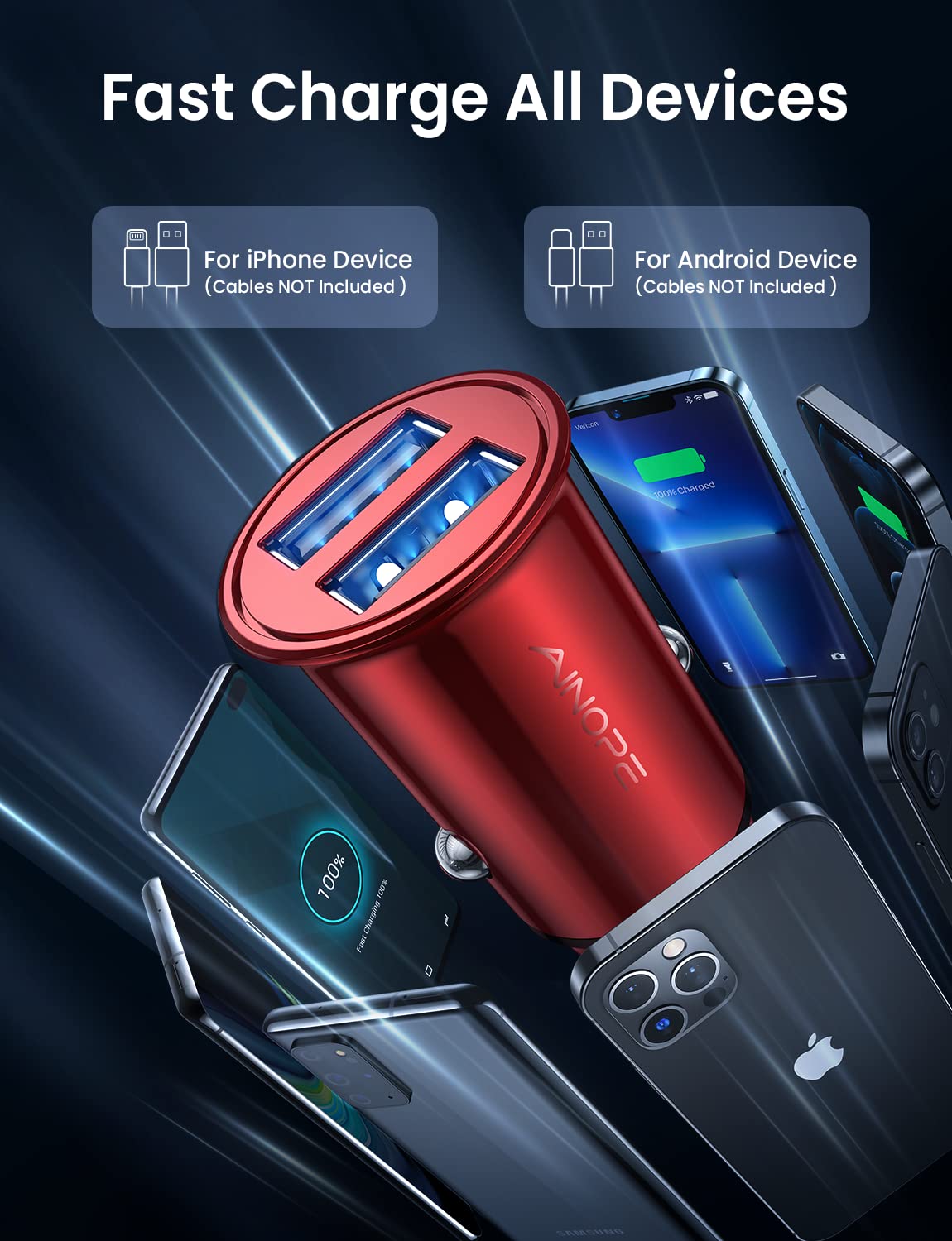 AINOPE 2-Pack 4.8A Fast Mini USB Car Charger Adapter - Dual Port Metal Cigarette Lighter Charger for iPhone 16/15/14/13/12 Pro Max/8 Plus/XR, Samsung Galaxy S24/S23/S10, iPad - Perfect for Road Trips & Daily Commuting