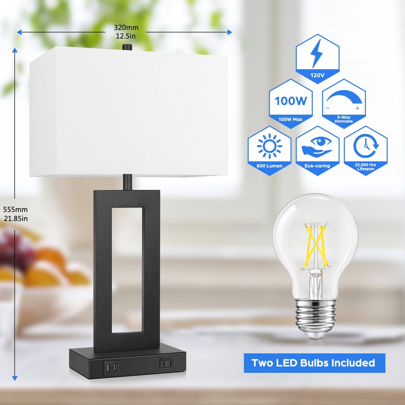 Set of 2 Modern Touch Control Table Lamps with 2 USB Ports - 22’’ Large Bedside Nightstand Lamps, 3-Way Dimmable Desk Lamp with White Fabric Shade - Perfect for Bedrooms, Living Rooms & Reading - Includes 2 LED Bulbs - Ideal for Home Office, Dorm Room & Nighttime Reading