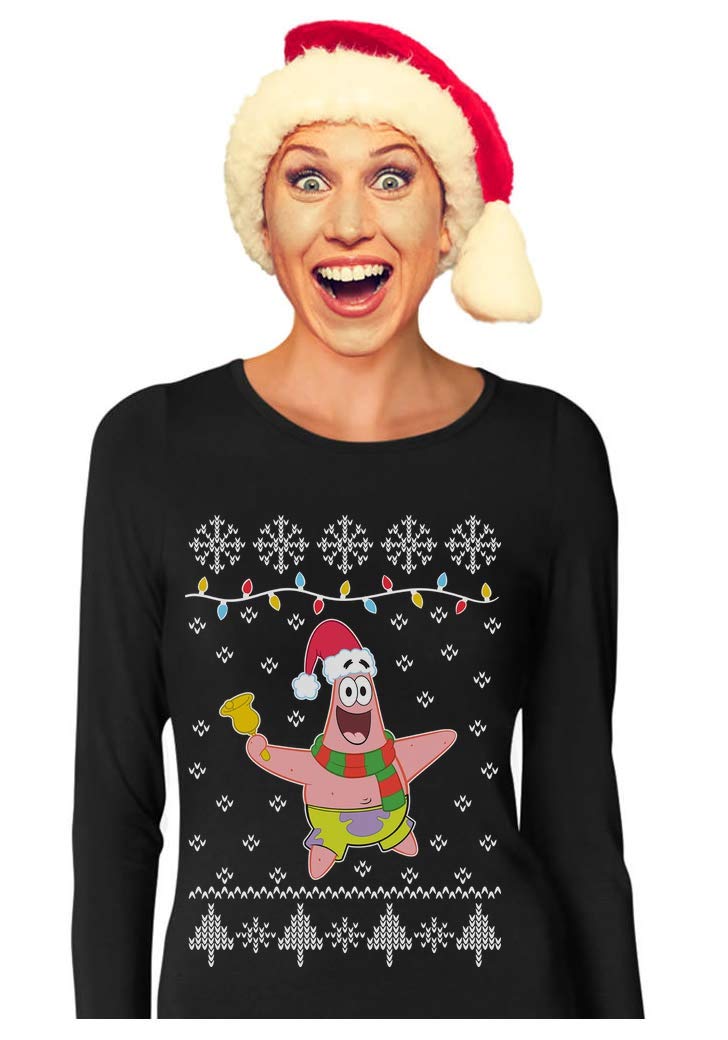 Official SpongeBob & Patrick Santa Ugly Christmas Sweater Women's Long Sleeve T-Shirt - Funny Holiday Gift for Christmas Parties & Festive Family Gatherings