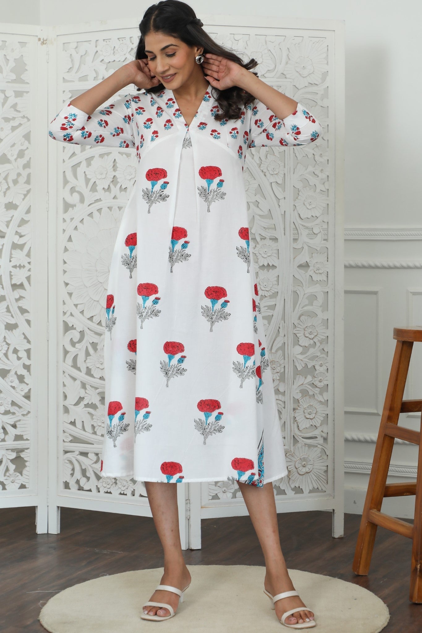 Azofree Handblock Printed Pure Cotton Dress - Floral Petunia Belly Design for Women | Perfect for Casual Wear, Summer Outfits & Boho Fashion