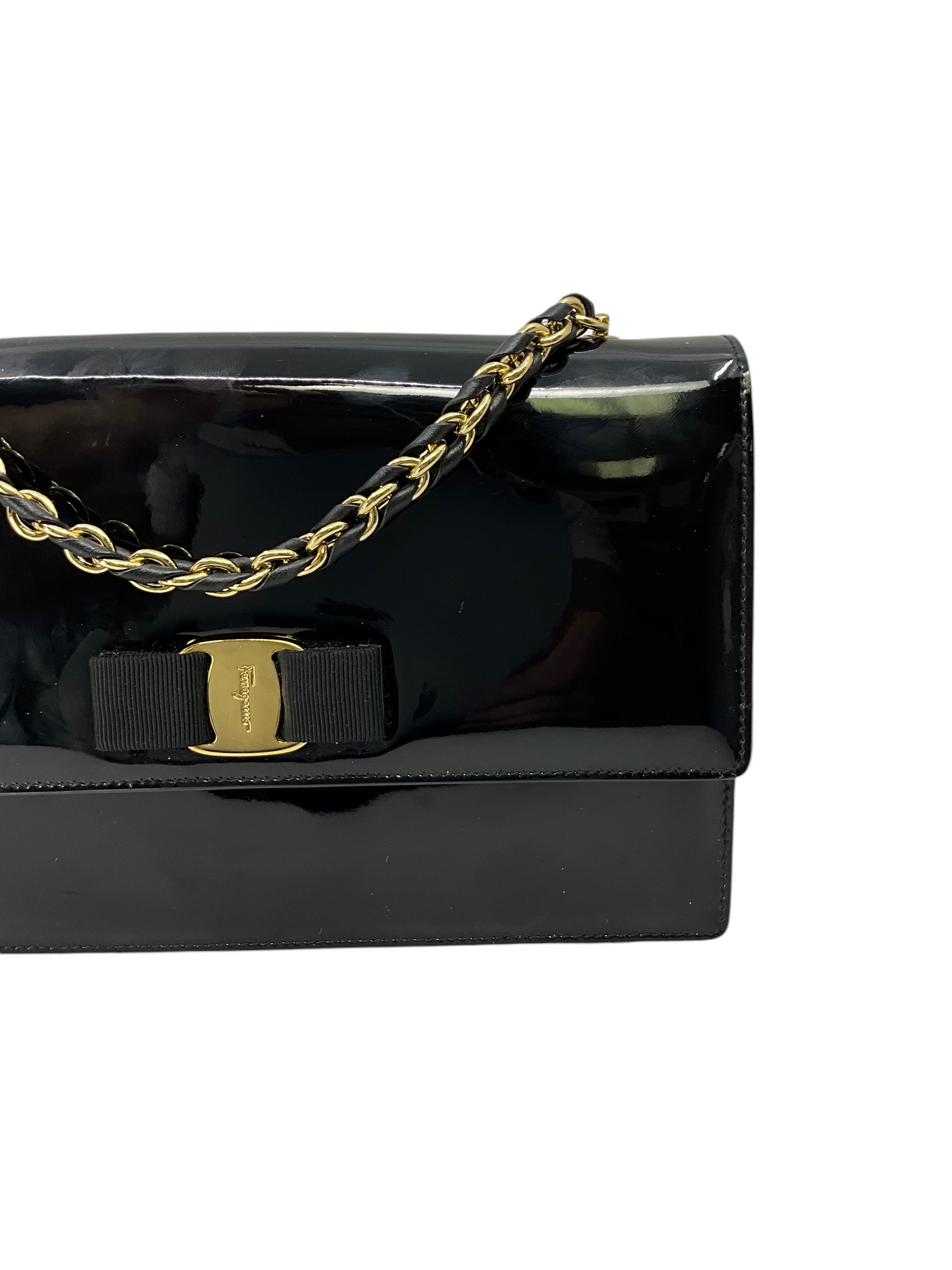 Salvatore Ferragamo Patent Leather Vara Bow Chain Flap Crossbody Bag for Women | Luxury Designer Handbag for Evening Parties, Date Night & Special Occasions
