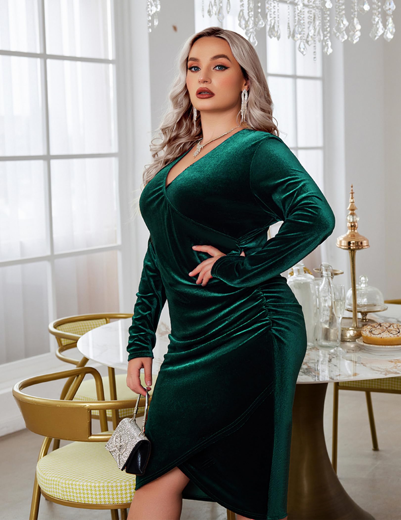 IN'VOLAND Women's Plus Size Long Sleeve Velvet Bodycon Dress - Ruched Wrap V-Neck Cocktail Party Dress for Holiday, Christmas, Wedding & Evening Events