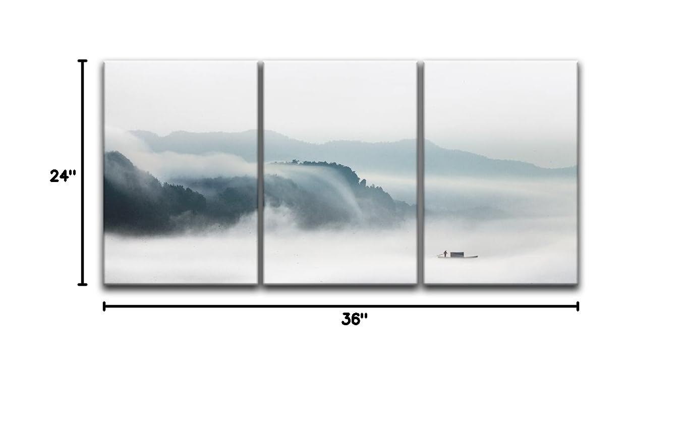Wall26 3-Panel Canvas Wall Art - Fisherman in Boat on Misty River Landscape Painting - Giclee Print Gallery Wrapped Modern Home Decor (24x36 Inches x3 Panels) - Perfect for Living Room, Bedroom & Office Wall Decor