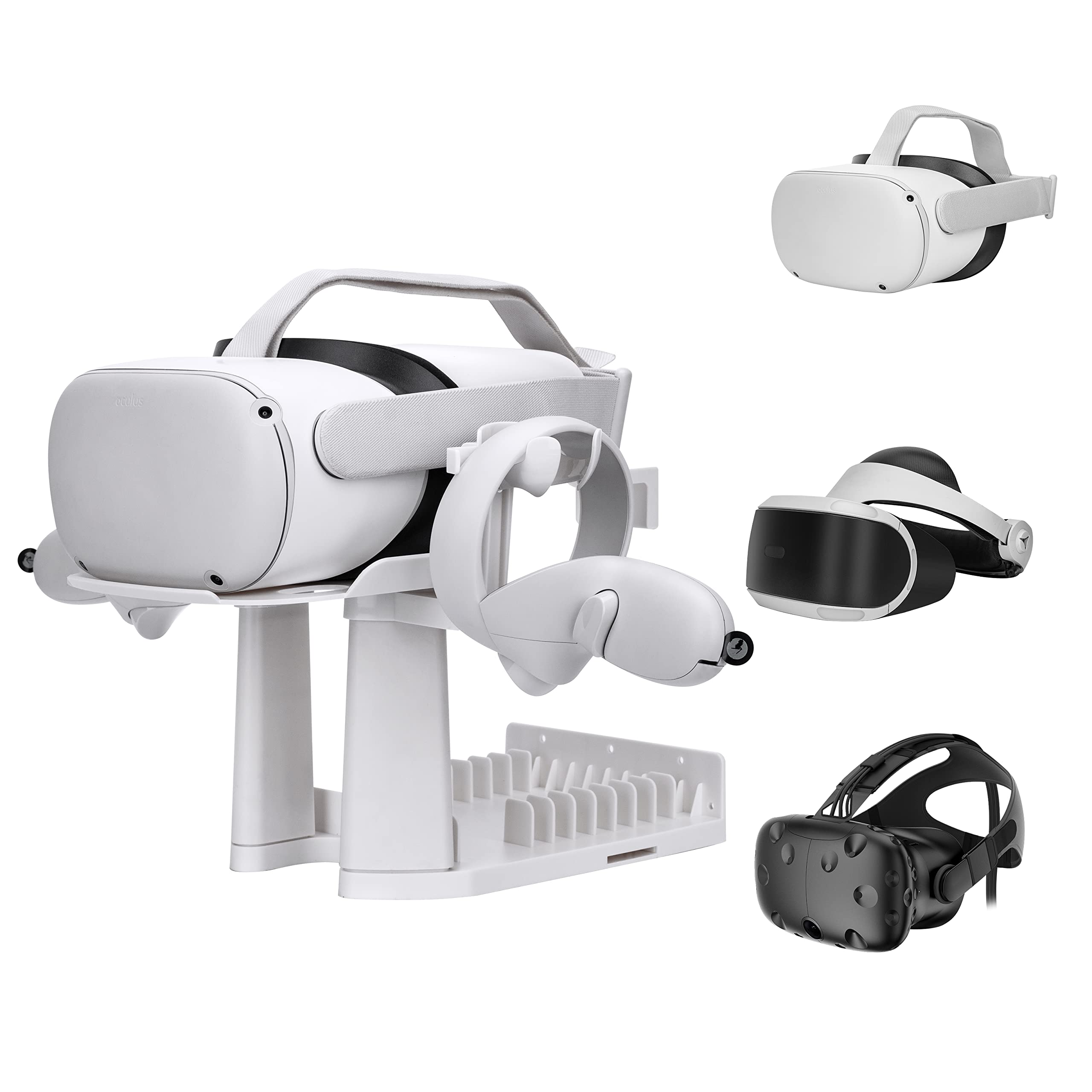 5-in-1 VR Stand & Wall Mount Kit for Oculus Quest 2/Rift/GO/PS VR/HTC Vive - Headset & Controller Holder with Cable Management (White) - Perfect for Gaming Setup & VR Accessories Organization