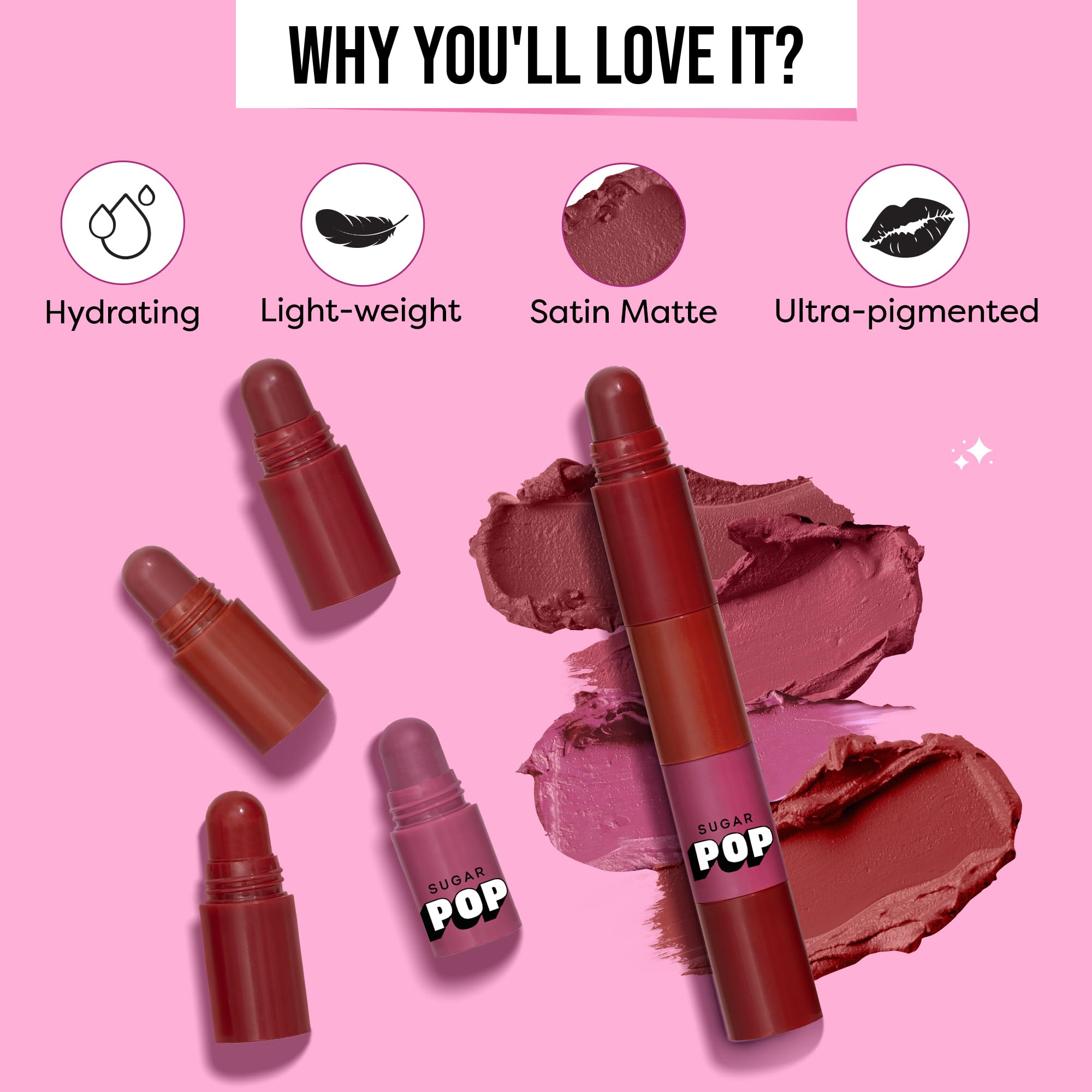 SUGAR POP 4 in 1 Lip Twist Stackable Lipstick Set - Hydrating Matte & Satin Finish with Castor Oil | 6.4g #03 Bare Perfection | Multi-Use Lip Color for Everyday Wear, Date Night & Special Occasions