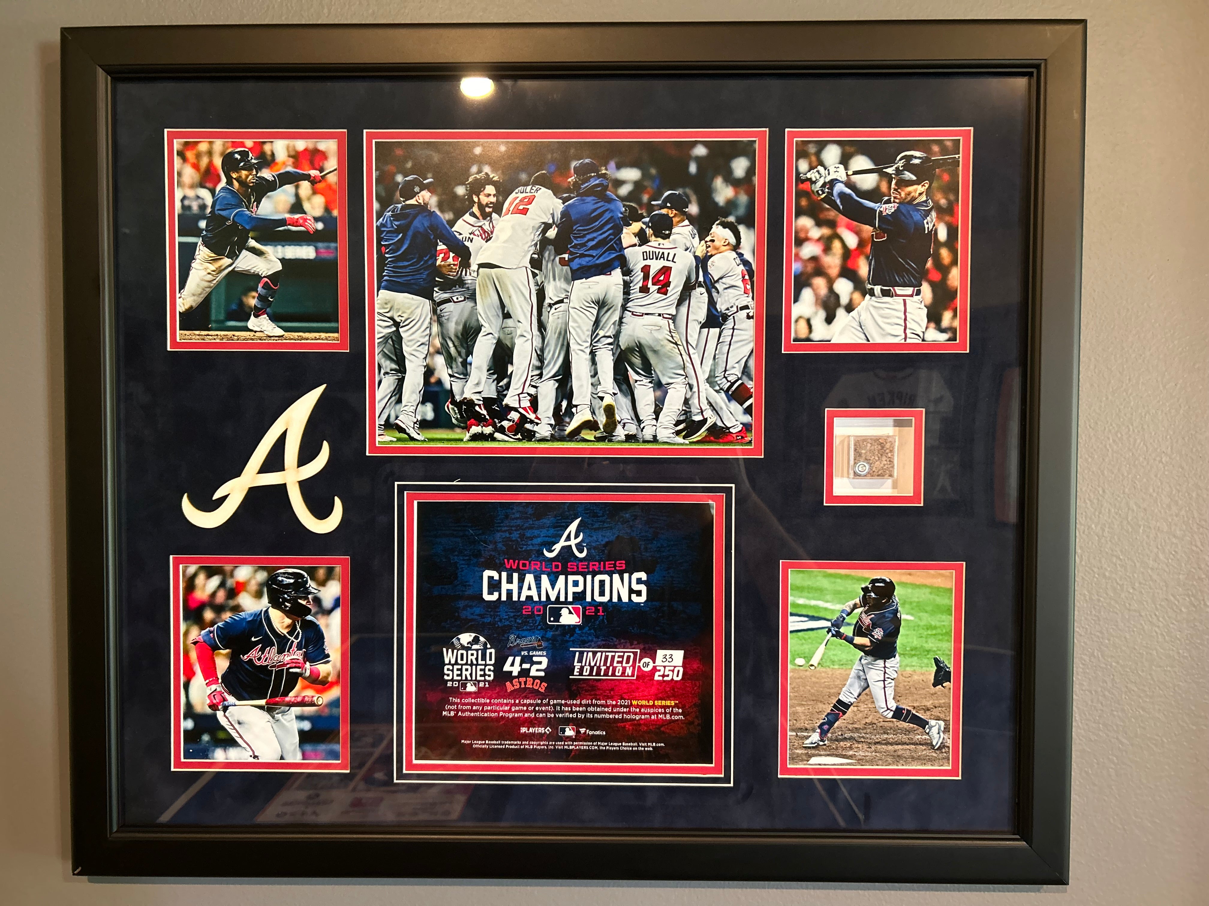 Atlanta Braves Fanatics Authentic 2021 MLB World Series Champions 5-Photo Collage with Game-Used Dirt Capsule - Limited Edition of 500 - Perfect for Baseball Memorabilia Collectors & Braves Fans Display