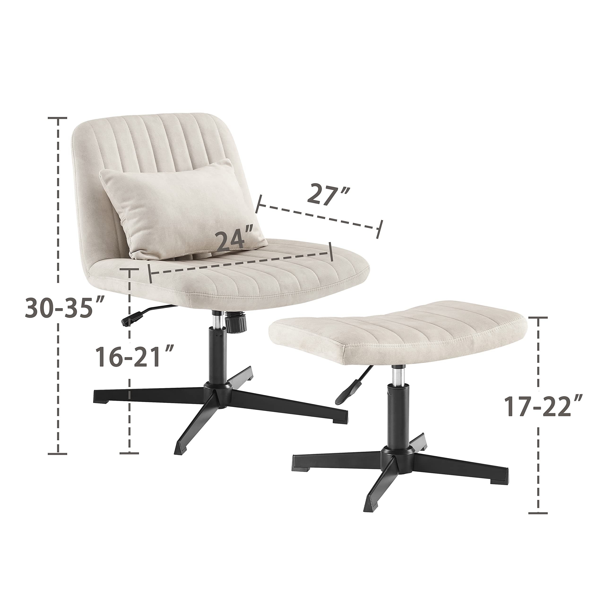 Zouron 360° Swivel Accent Chair with Ottoman - Adjustable Height Velvet Modern Tufted Wingback Club Chair, Upholstered Leisure Chair with Black Metal Legs for Office, Bedroom & Living Room - Perfect for Reading, Relaxing & Home Decor (Off-White)