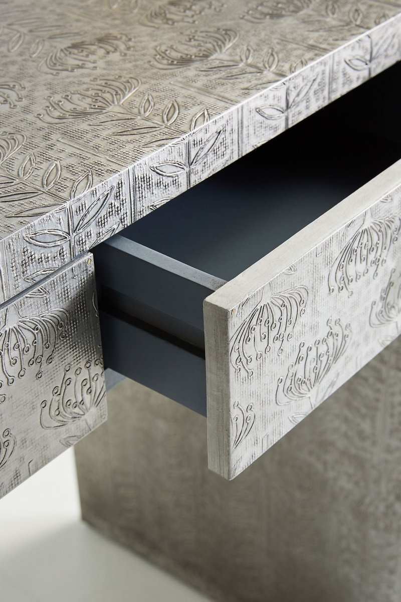 Hand Embossed Lotus Console Table with Storage - Elegant Entryway Table for Hallway, Living Room & Foyer Decor | Solid Wood Sofa Table with Drawers & Shelf