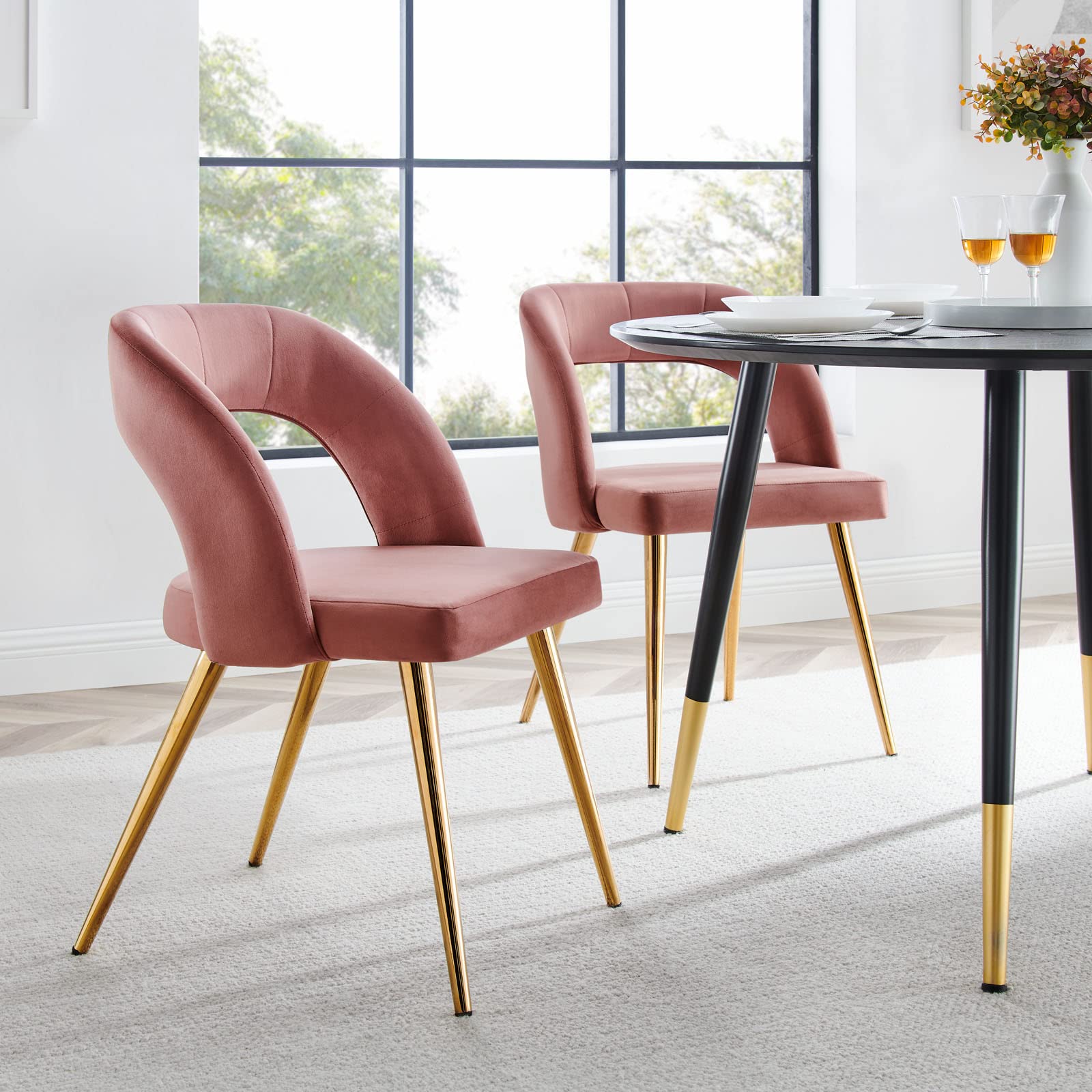 Modway Performance Velvet Dining Chairs - Set of 2, Gold Dusty Rose Upholstered Seats for Kitchen, Dining Room & Home Decor