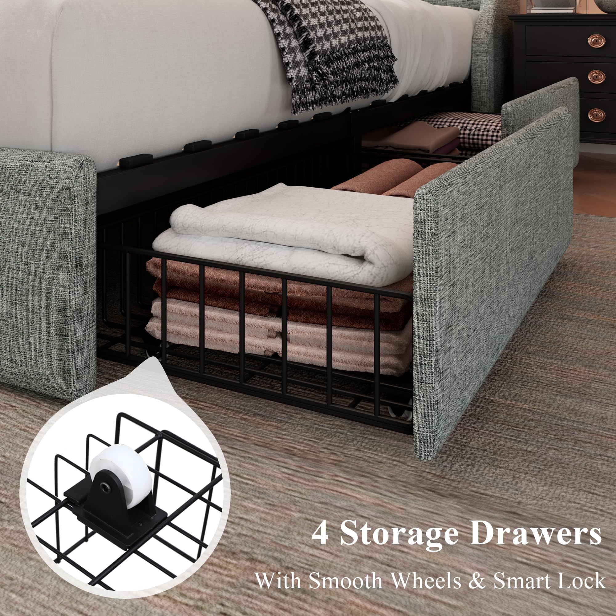 Feonase Queen Size Upholstered Storage Bed Frame with 4 Drawers & USB Charging Station - Tufted Wingback Headboard, No Box Spring Needed, Light Grey (FEO737) - Perfect for Small Bedrooms, Guest Rooms & Modern Apartments