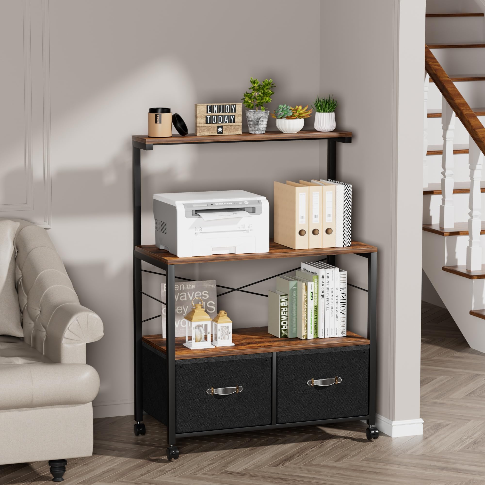 VECELO Large Mobile Printer Stand with 3-Tier Shelf & 2 Drawers - Heavy Duty File Cabinet on Wheels for Home Office Organization (Letter Size, Brown) - Perfect for Printer Storage, File Management & Workspace Organization