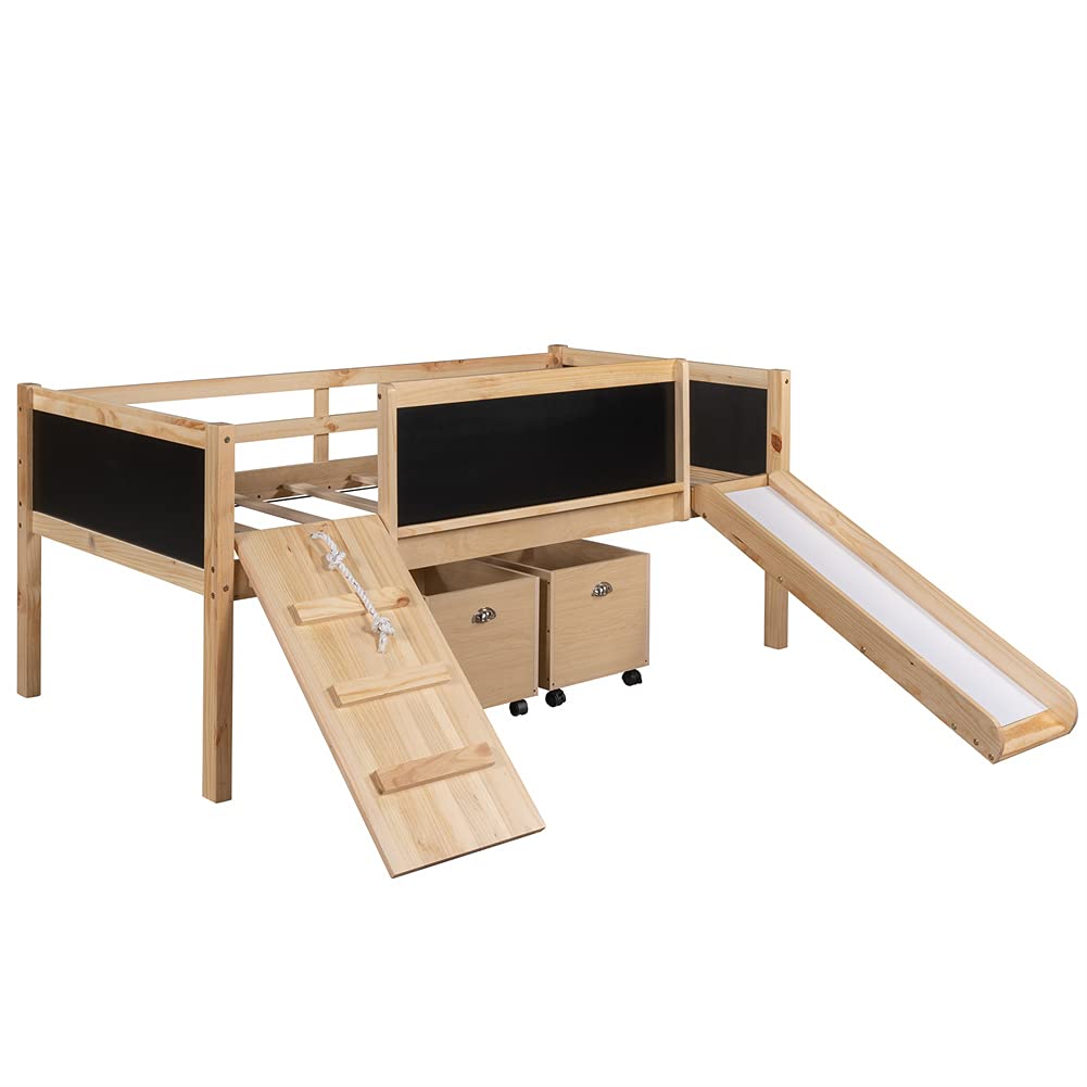 Twin Size Low Loft Bed with Storage & Slide - Solid Wood Loft Bed Frame with 2 Storage Boxes - Easy Assembly (Natural) - Perfect for Kids Rooms, Small Spaces & Dorm Rooms