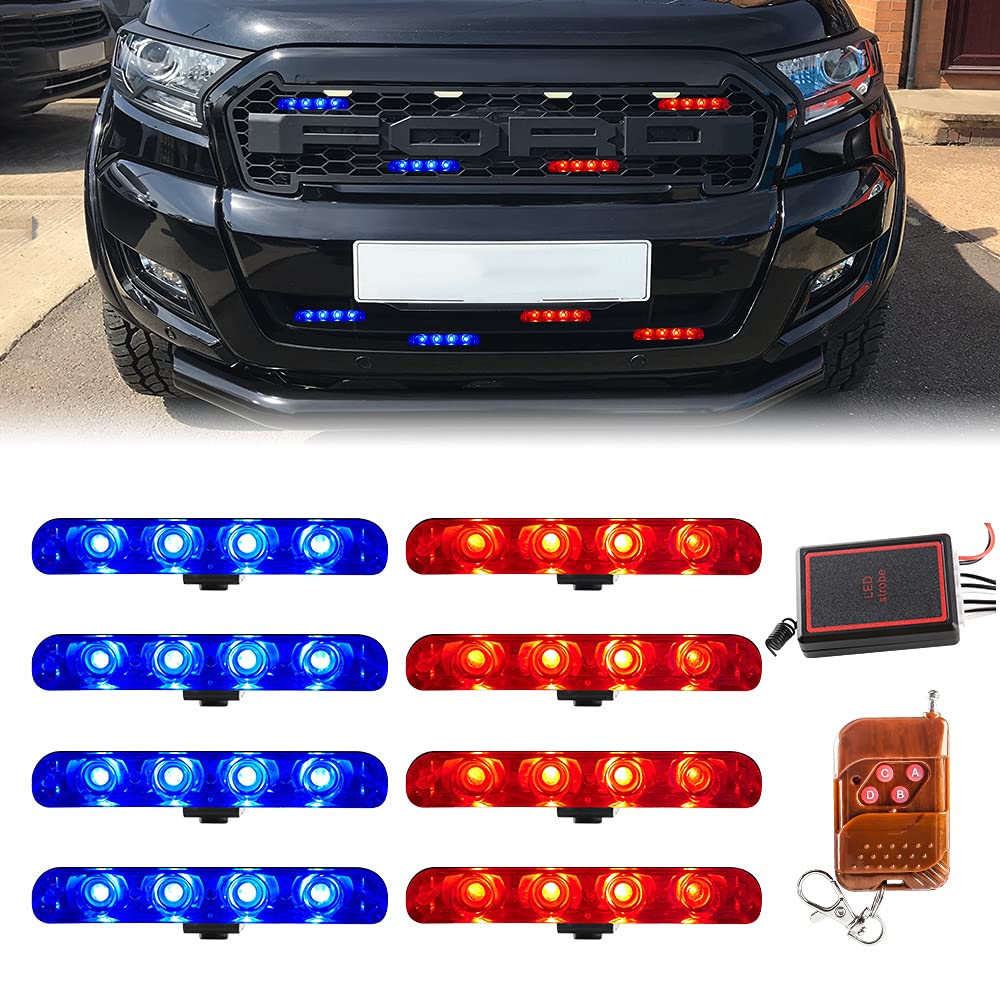 8-in-1 Red & Blue Emergency Strobe Warning Lights for Cars, Trucks & Vehicles - Wireless Remote Control, DC12V - Ideal for Police, Hazard, Construction & Roadside Safety Scenarios