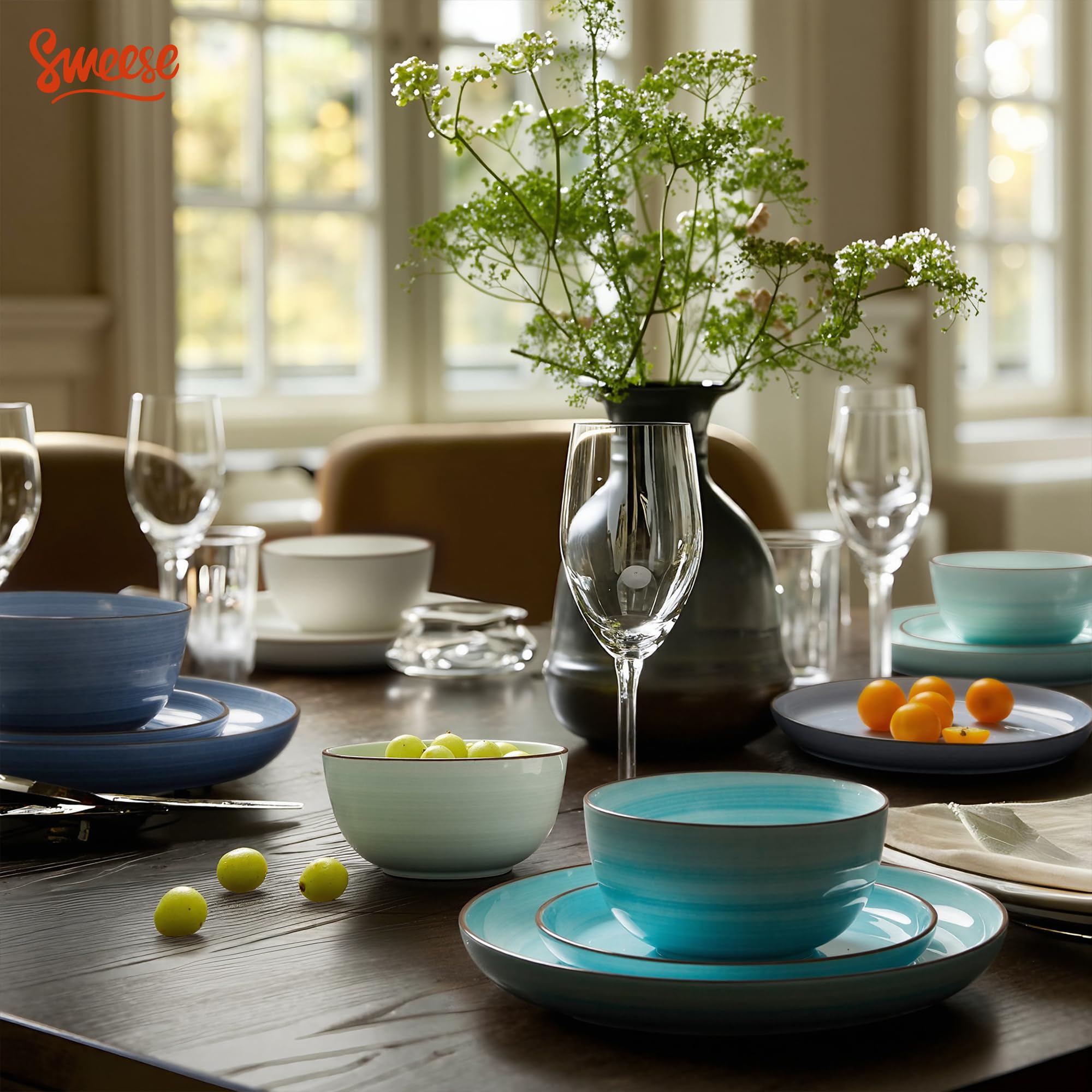 Sweese 18-Piece Porcelain Dinnerware Set - Round Plates & Bowls for 6, Microwave & Dishwasher Safe, Scratch-Resistant Hand-Painted Blue Swirl Design - Perfect for Family Dinners, Parties & Everyday Use
