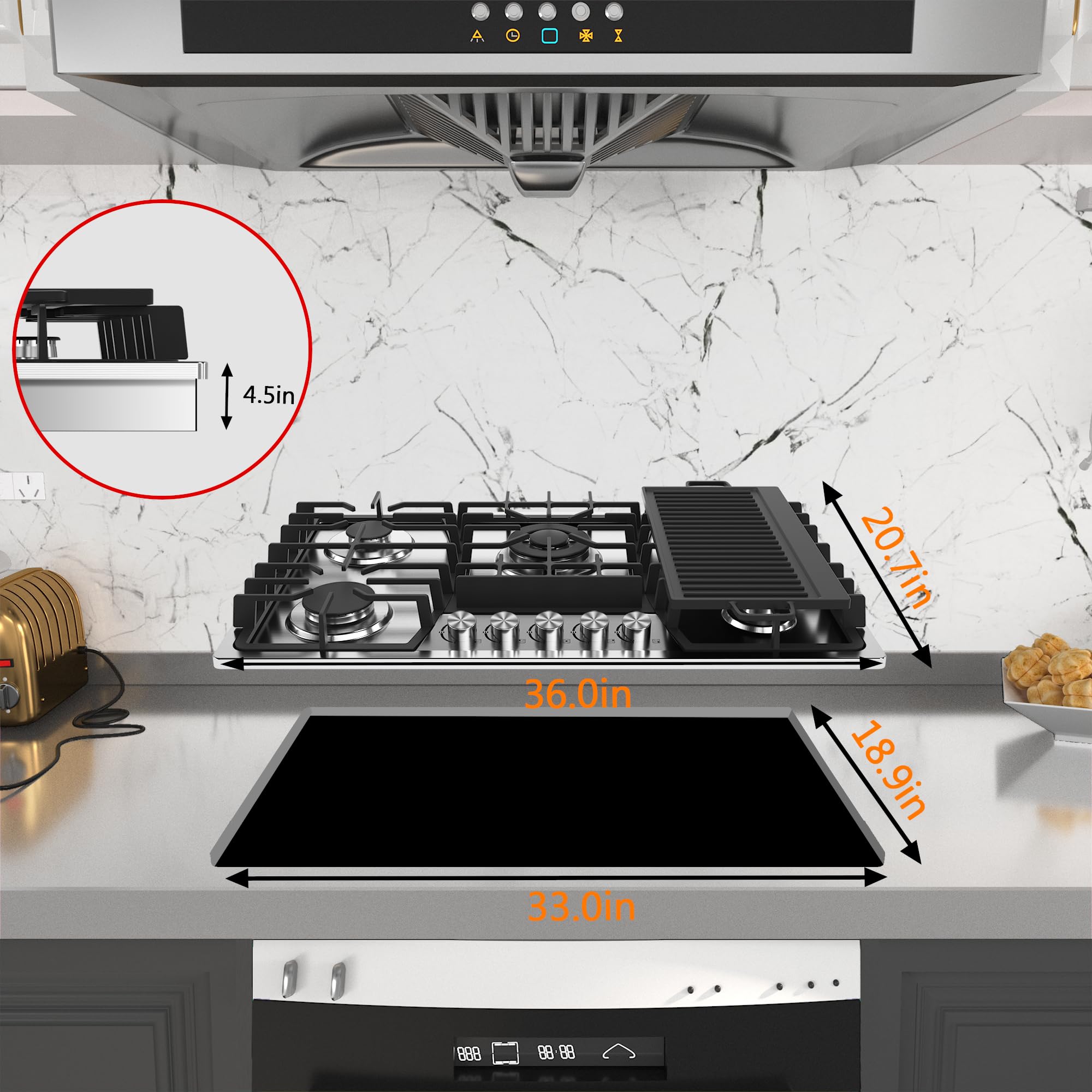 36 Inch 5-Burner Gas Cooktop with Reversible Cast Iron Grill/Griddle - NG/LPG Convertible, Thermocouple Protection, Stainless Steel - Perfect for Home Kitchen, Outdoor Cooking & RV Use