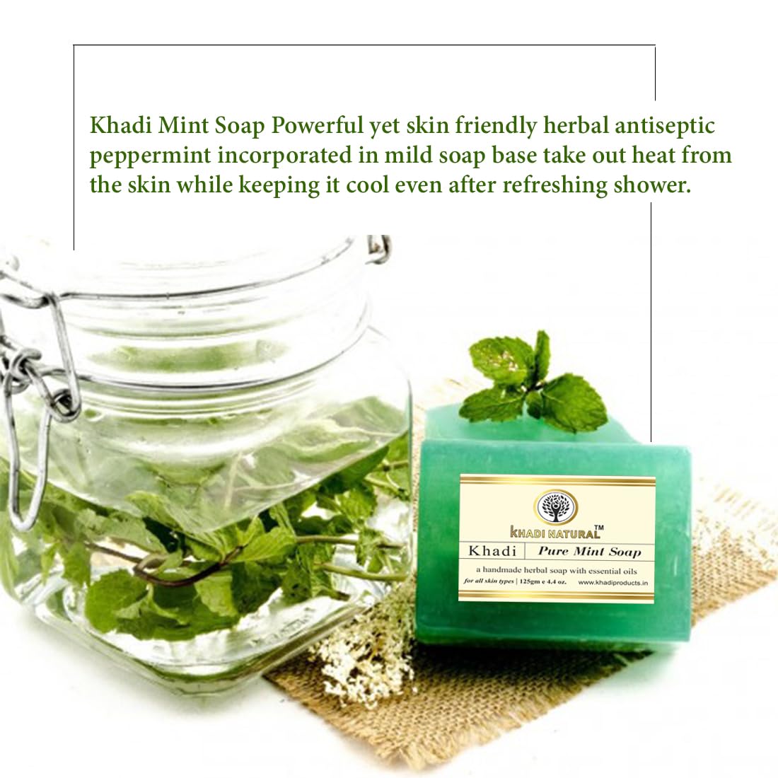 Khadi Natural Bathing Soap with Jute Bag - 125g | Handcrafted Honey Glycerin Pure Mint Soap for Luxury Skincare | Perfect for Spa Day, Gift Sets & Eco-Friendly Bathing