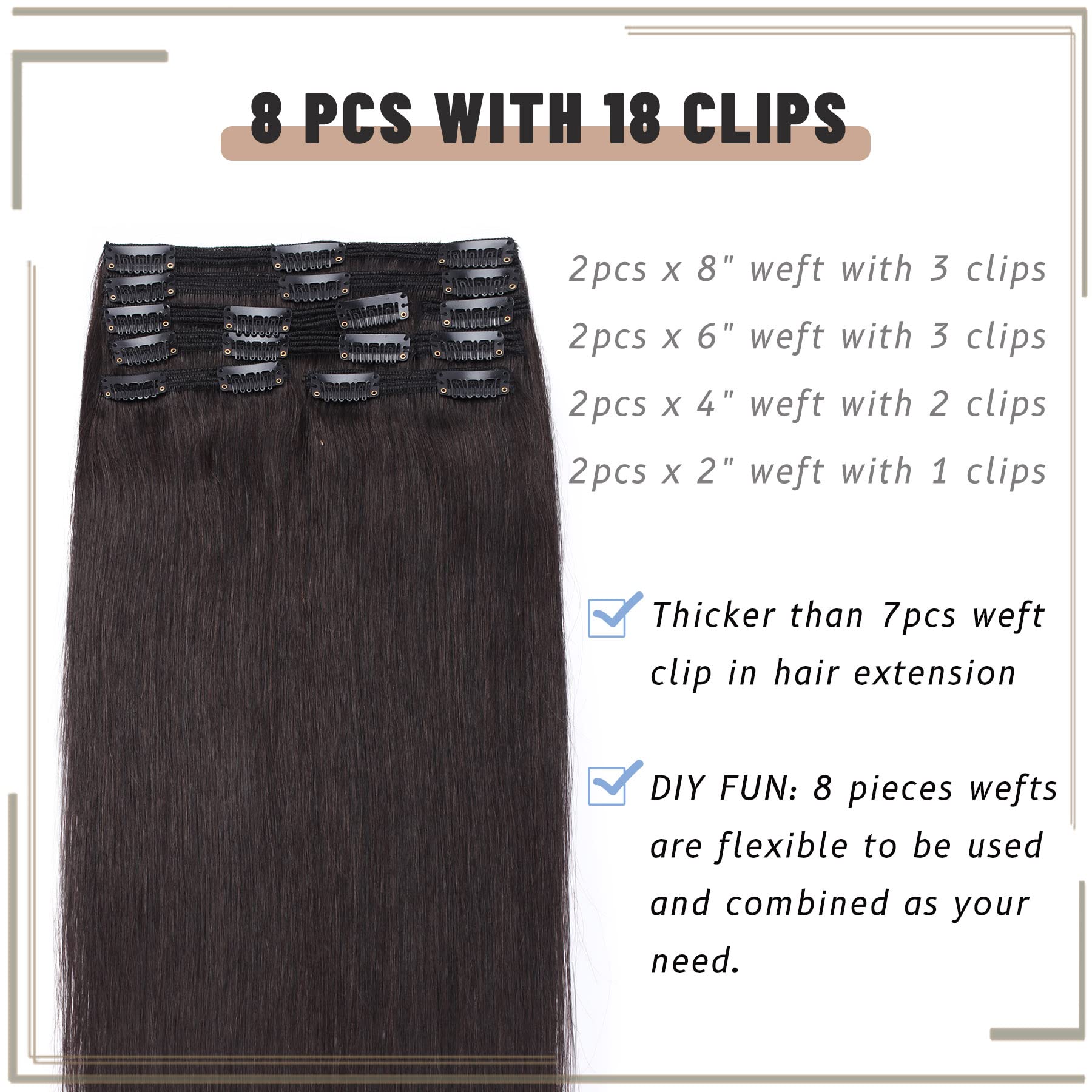 S-noilite 22 Inch Clip in Hair Extensions - 100% Real Human Remy Hair, Natural Black (#1B), Double Weft, 8PCS/160g - Straight Clip-on Extensions for Women | Perfect for Daily Wear, Parties & Special Occasions