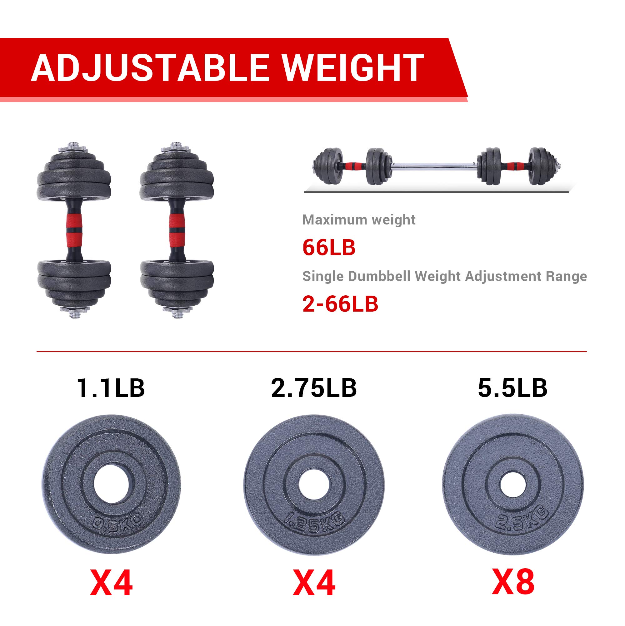 Adjustable Dumbbell and Barbell Weight Set 22-105 lbs - 2-in-1 Home Gym Equipment with Anti-Slip Handle for Strength Training, CrossFit & Office Fitness