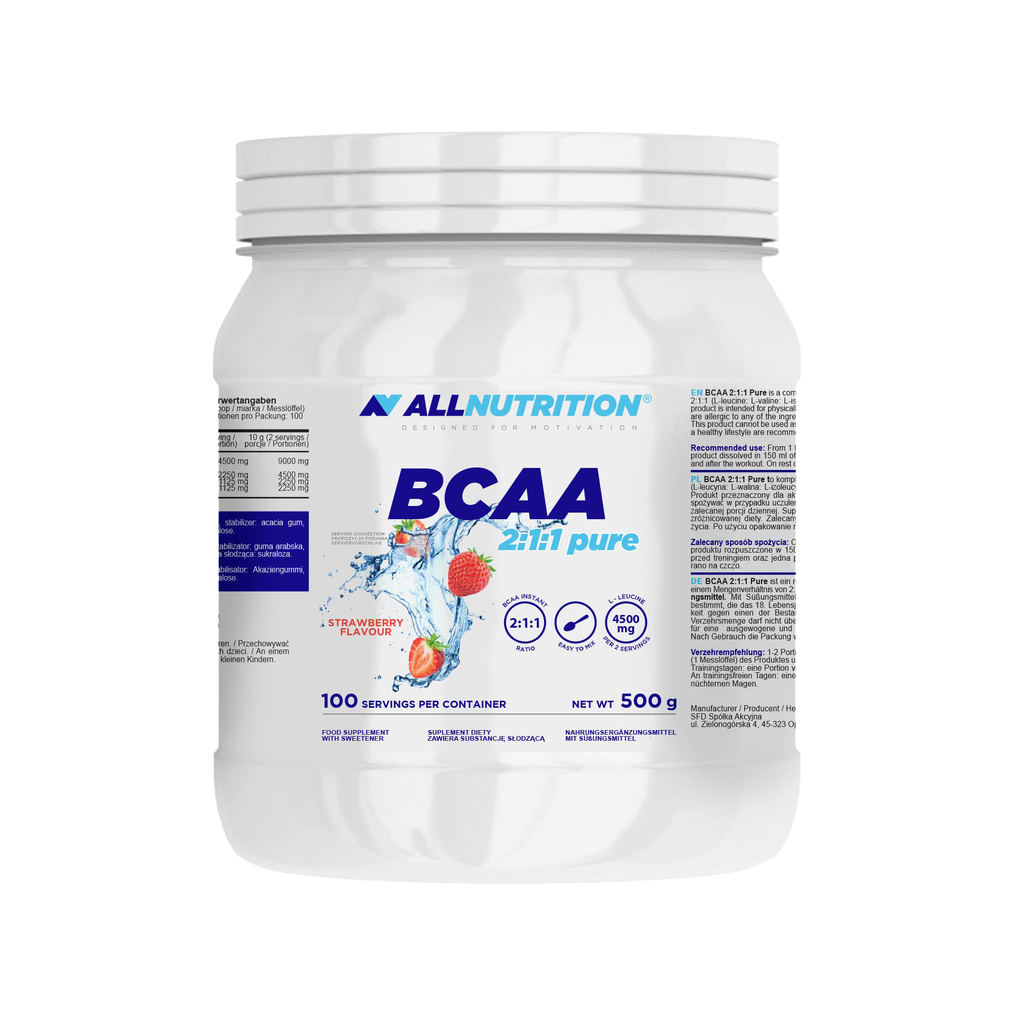 Allnutrition BCAA 2:1:1 Pure Powder 500g - Premium Branched Chain Amino Acids Supplement for Muscle Recovery & Growth - Ideal for Workout, Fitness & Bodybuilding
