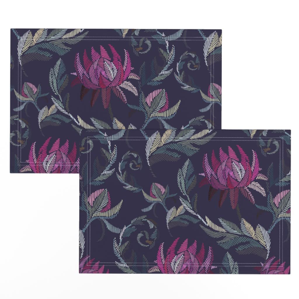 Linen Cotton Canvas Placemats Set of 2 - Floral Leaf Cross Stitch Printed Table Mats for Dining, Kitchen Decor, and Party Settings | Spoonflower
