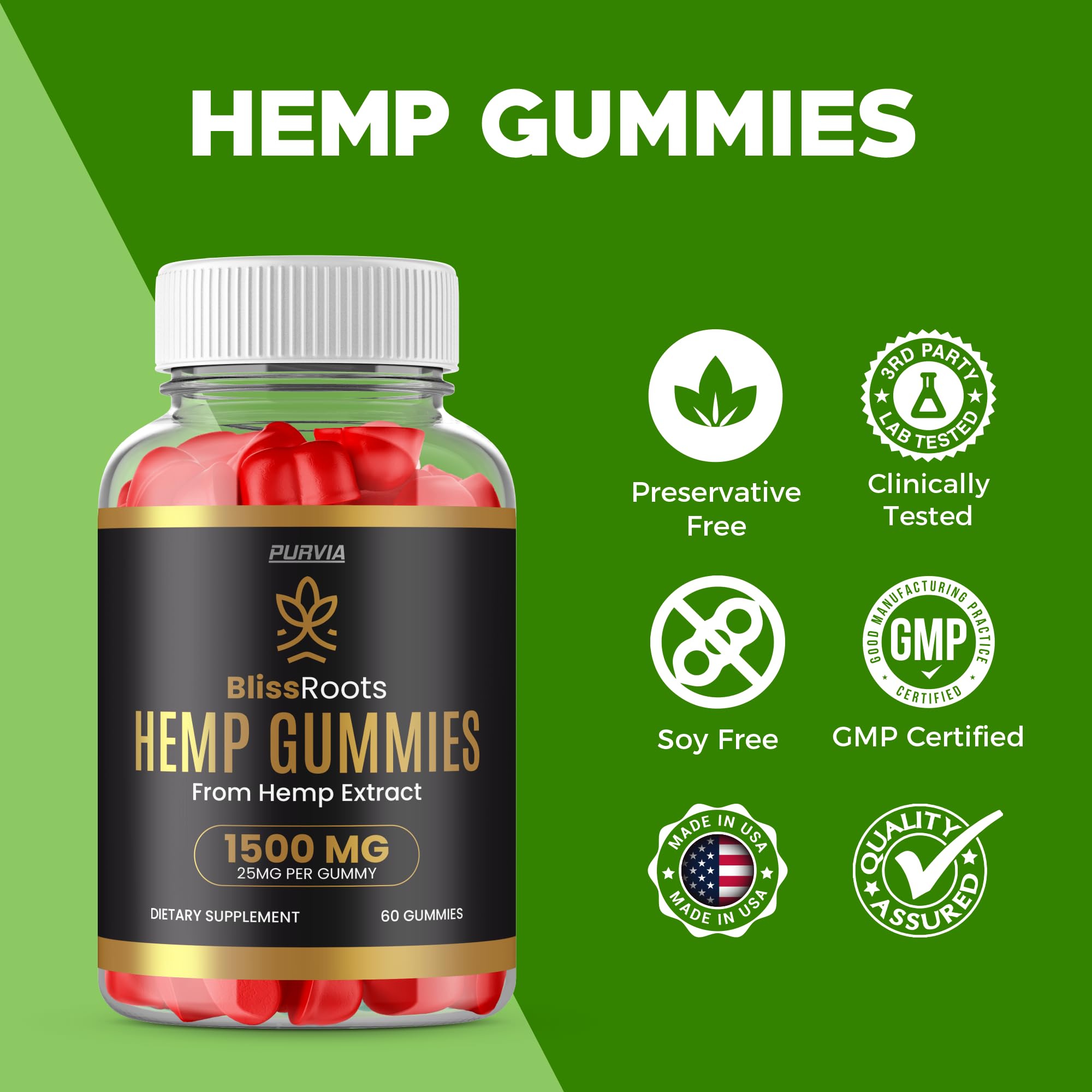 Bliss Roots Hemp Gummies 1500mg (2 Pack) - Maximum Strength CBD Supplement for Stress Relief & Sleep Support - 120 Gummies - Perfect for Daily Wellness & Relaxation