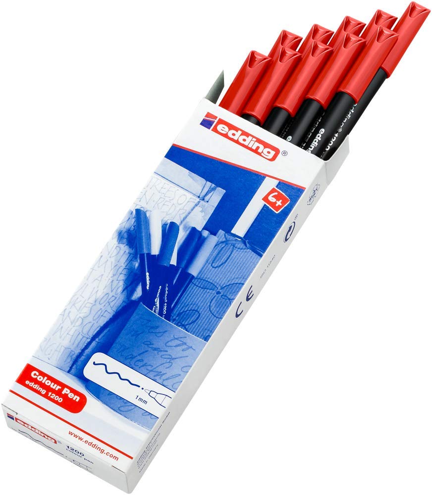 Edding 1200 Fine Tip Color Pens - 10 Pack Red Round Tip 1mm Felt Pens for Drawing, Writing & Mandala Art - Perfect for School, Office & Creative Projects