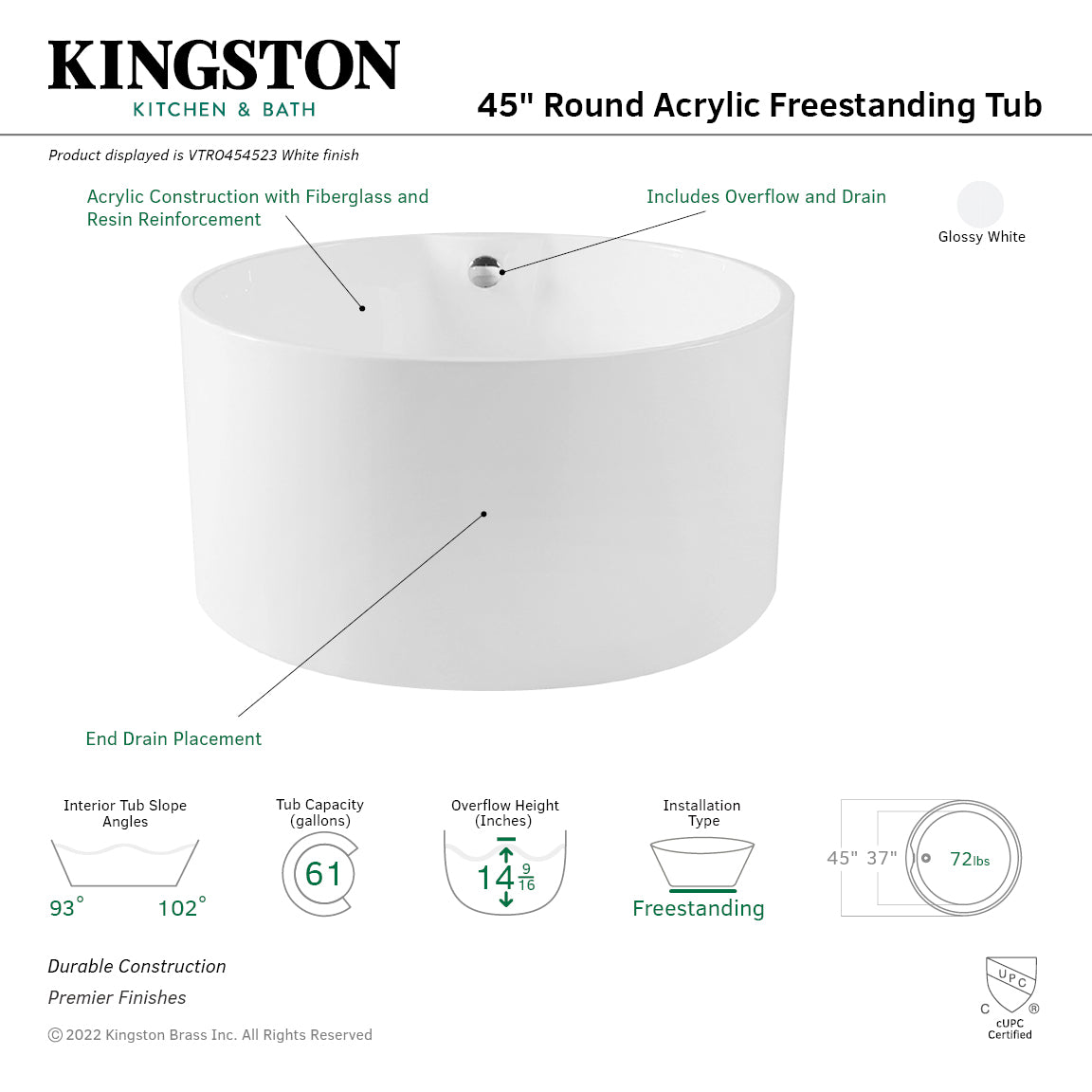 Aqua Eden 45 Inch Acrylic Round Freestanding Bathtub - Double Ended Soaking Tub with Drain - Glossy White Finish - Perfect for Luxury Bathrooms & Spa Retreats