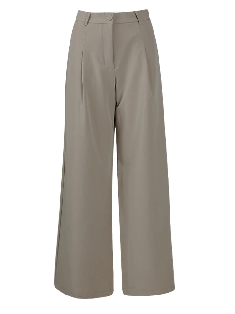 Women's Big Size Khaki Long Blazer & Wide Leg Pants Two-Piece Suit - Lapel Long Sleeve Fashion Set for Spring & Autumn 2025 | Office Wear, Business Casual, Formal Outfits