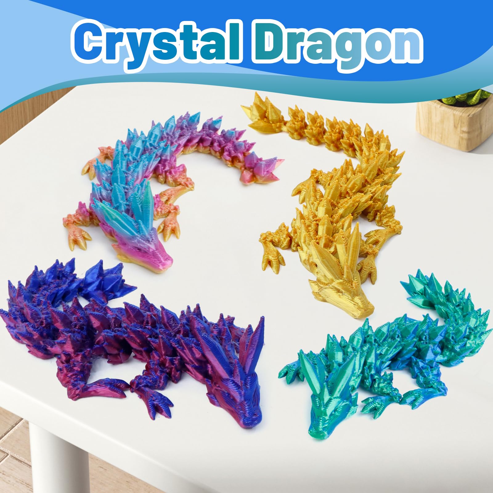 3D Printed Dragon Easter Eggs - 4 Pack with Articulated Crystal Dragon Fidget Toy for Desk Decor & Easter Basket Stuffers (Blue/Green/Gold) - Perfect for Gifts & Stress Relief