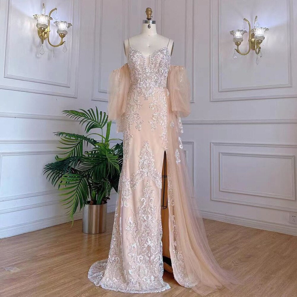 Serene Hill Champagne Mermaid Evening Dress with Sexy Spaghetti Straps & High Split Overskirt - Luxury Beaded Gown for Prom, Wedding & Formal Events 2025 LA71727