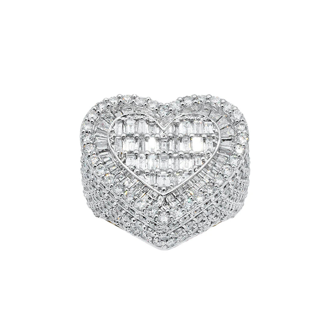 14K White Gold Baguette Diamond Heart Ring - 6.43 Carat Total Weight (CTW) - Elegant Valentine's Day Gift, Anniversary Jewelry & Romantic Proposal Ring for Her