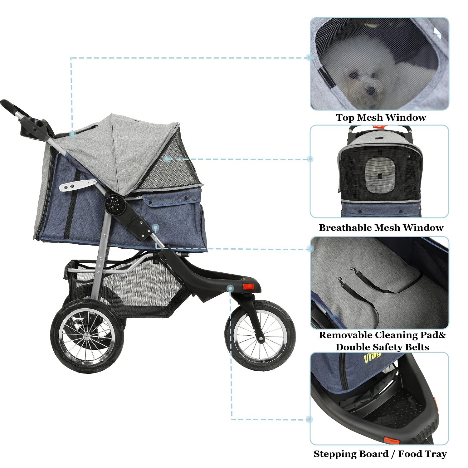 VIAGDO Premium Heavy Duty Pet Stroller for Small & Medium Dogs & Cats - 3-Wheel Foldable Dog & Cat Carrier with Suspension System, Link Brake & One-Hand Fold - Supports Up to 55 lbs (Blue & Grey) - Perfect for Vet Visits, Outdoor Walks & Travel