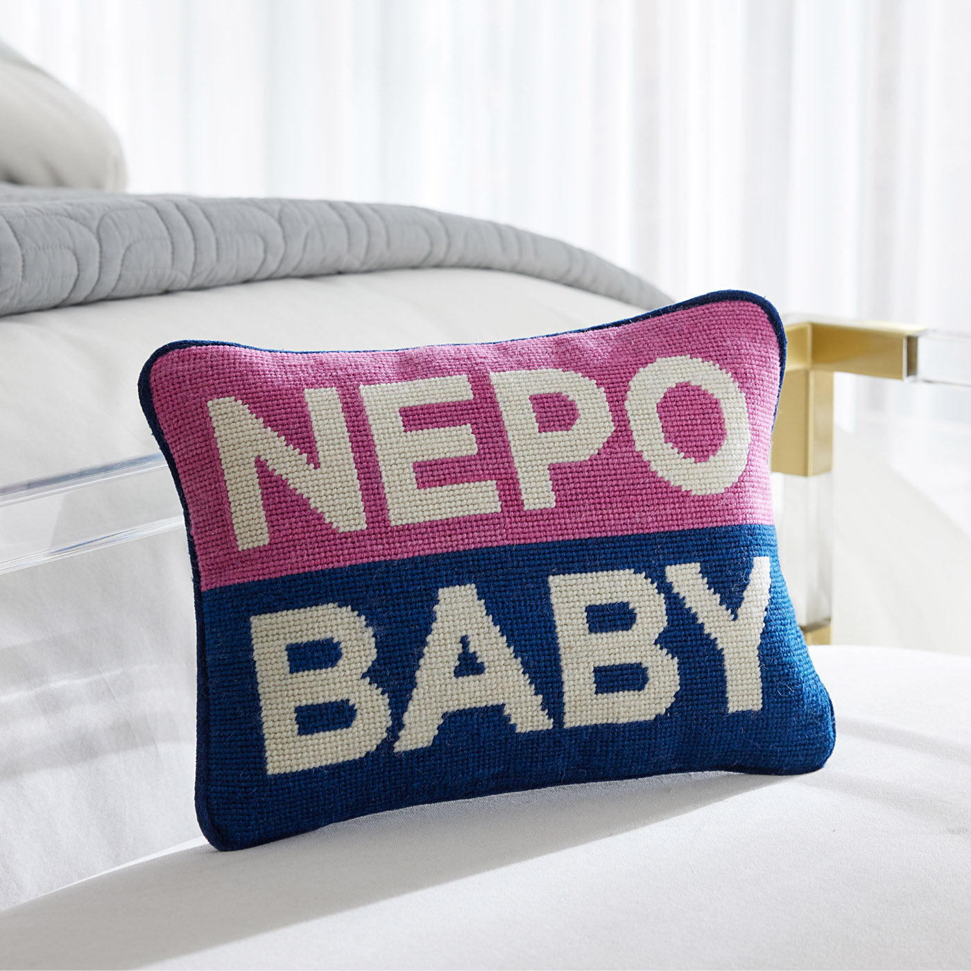 Handmade Nepo Baby Needlepoint Pillow - Cute Decorative Throw Pillow for Nursery, Living Room & Gift - Soft Embroidered Home Decor for Baby Shower, Kids Room & Cozy Spaces