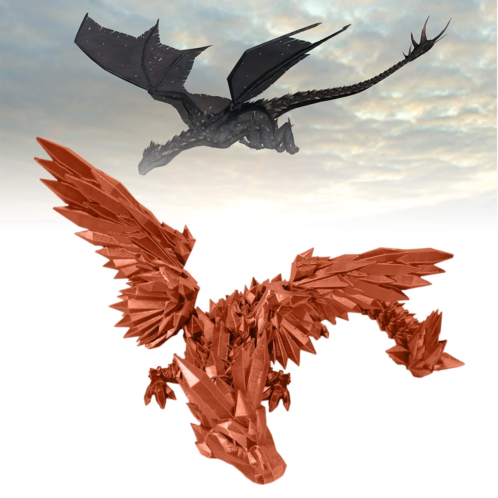 3D Printed Dragon Action Figure - Flying Diamond Dragon with Movable Joints & Wings - Bronze God of Strength Collectible Toy (17.7 Inch) - Anti-Anxiety Relief for Adults & Collectors - Perfect for Display, Stress Relief & Fantasy Collections
