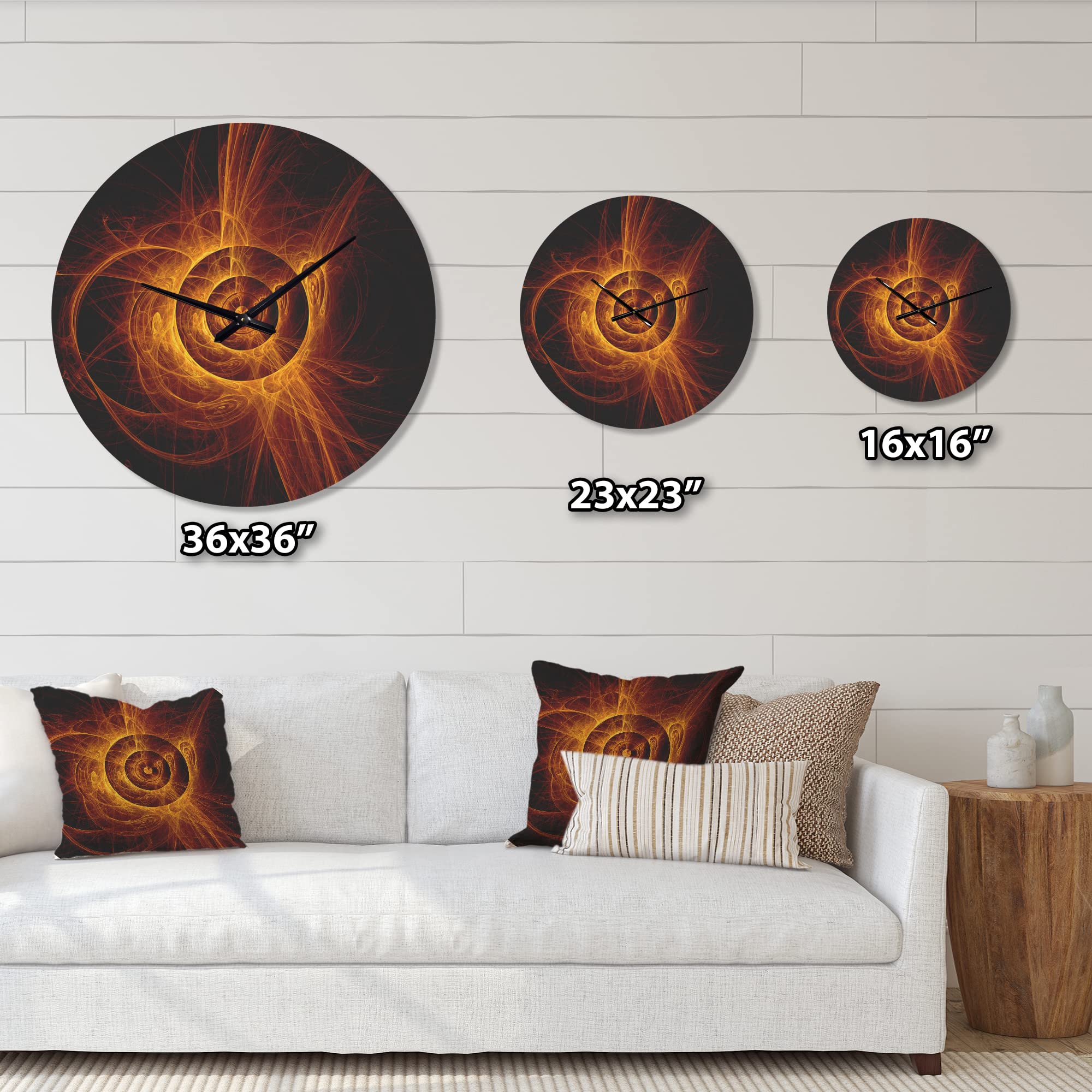 DesignQ 'The Yellow Flashing Flame' Modern Large Wood Wall Clock - Oversized Decorative Wooden Clock for Living Room, Bedroom & Office Décor | Perfect for Home, Office & Gift Giving