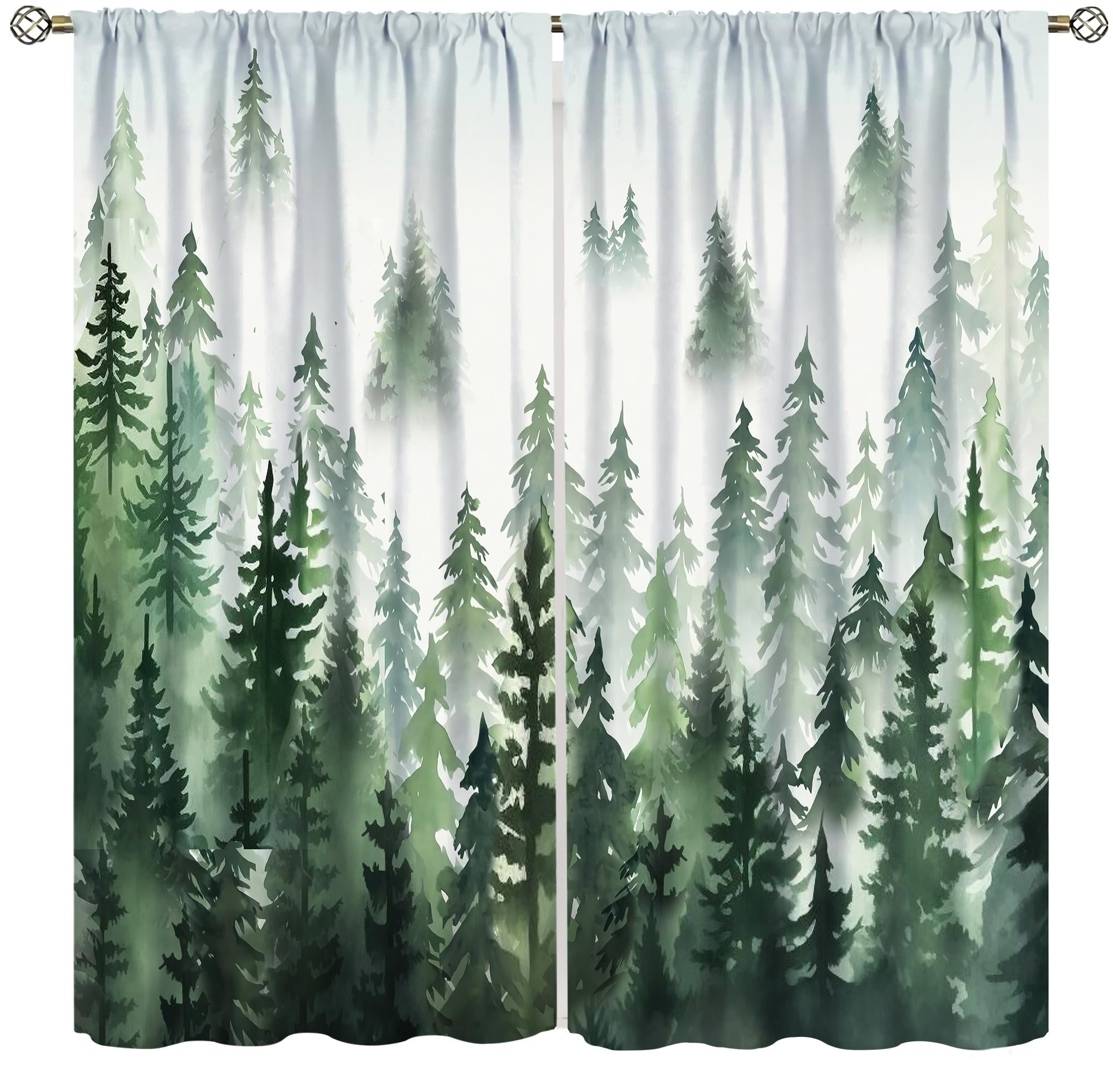 Green Watercolor Forest Tree Silhouette Blackout Curtains - 85x85 Inch (214x214cm) Room Darkening Window Drapes for Bedroom, Living Room & Nursery - Nature Inspired Home Decor for Better Sleep & Light Control