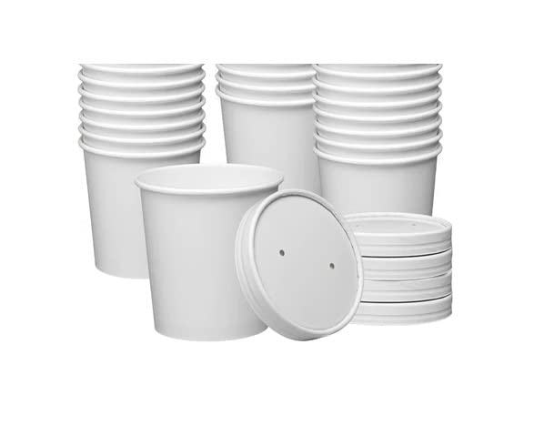 16 oz Disposable Paper Food Containers with Vented Lids - 50 Pack (50 Cups + 50 Lids) - White - Perfect for Soup, Ice Cream, Takeout, Catering, and Restaurant Use