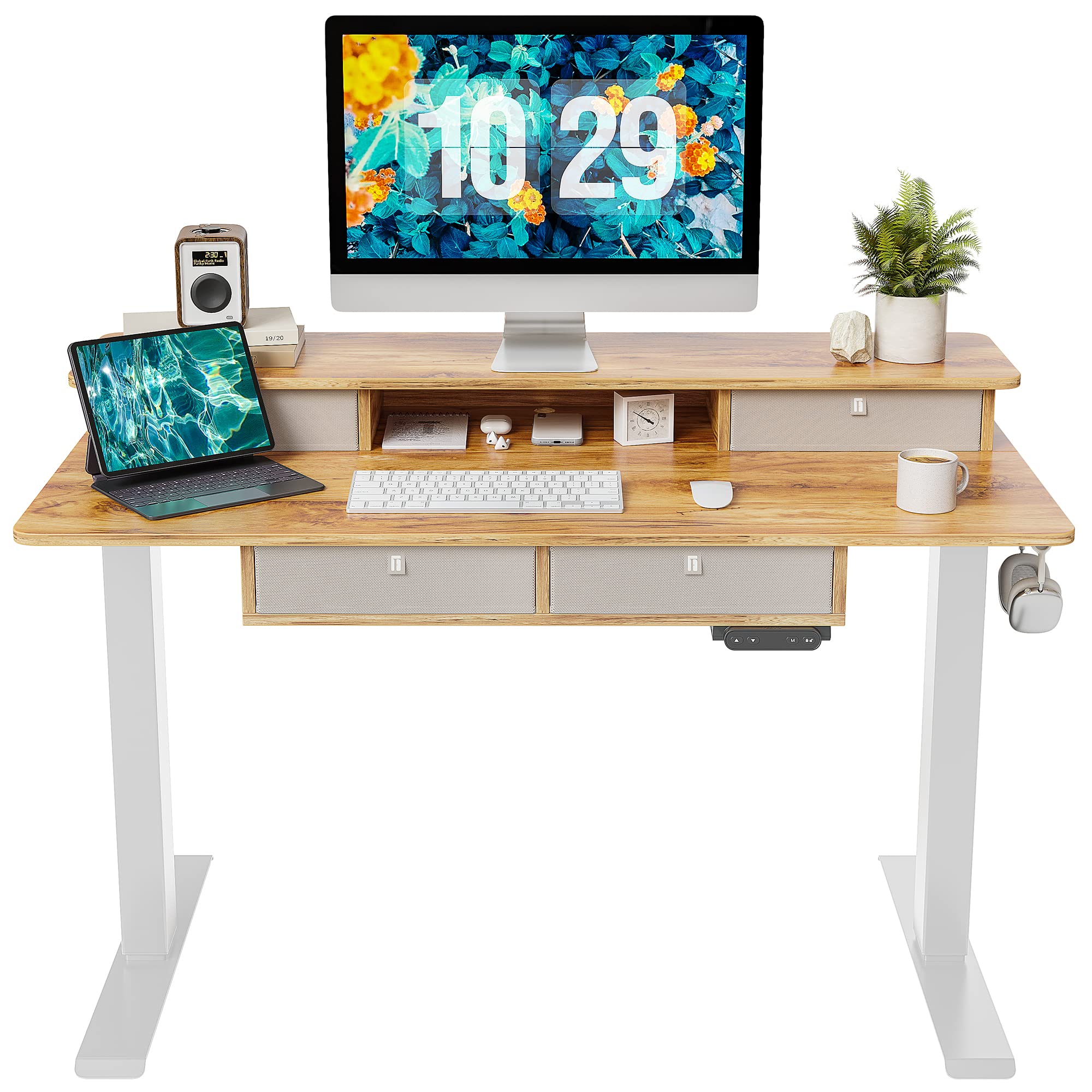 FEZIBO 48 x 24 Inch Electric Standing Desk with Drawers - Adjustable Height Sit Stand Workstation, Large Storage Shelf, Light Rustic Brown Top - Perfect for Home Office, Gaming Setup & Remote Work