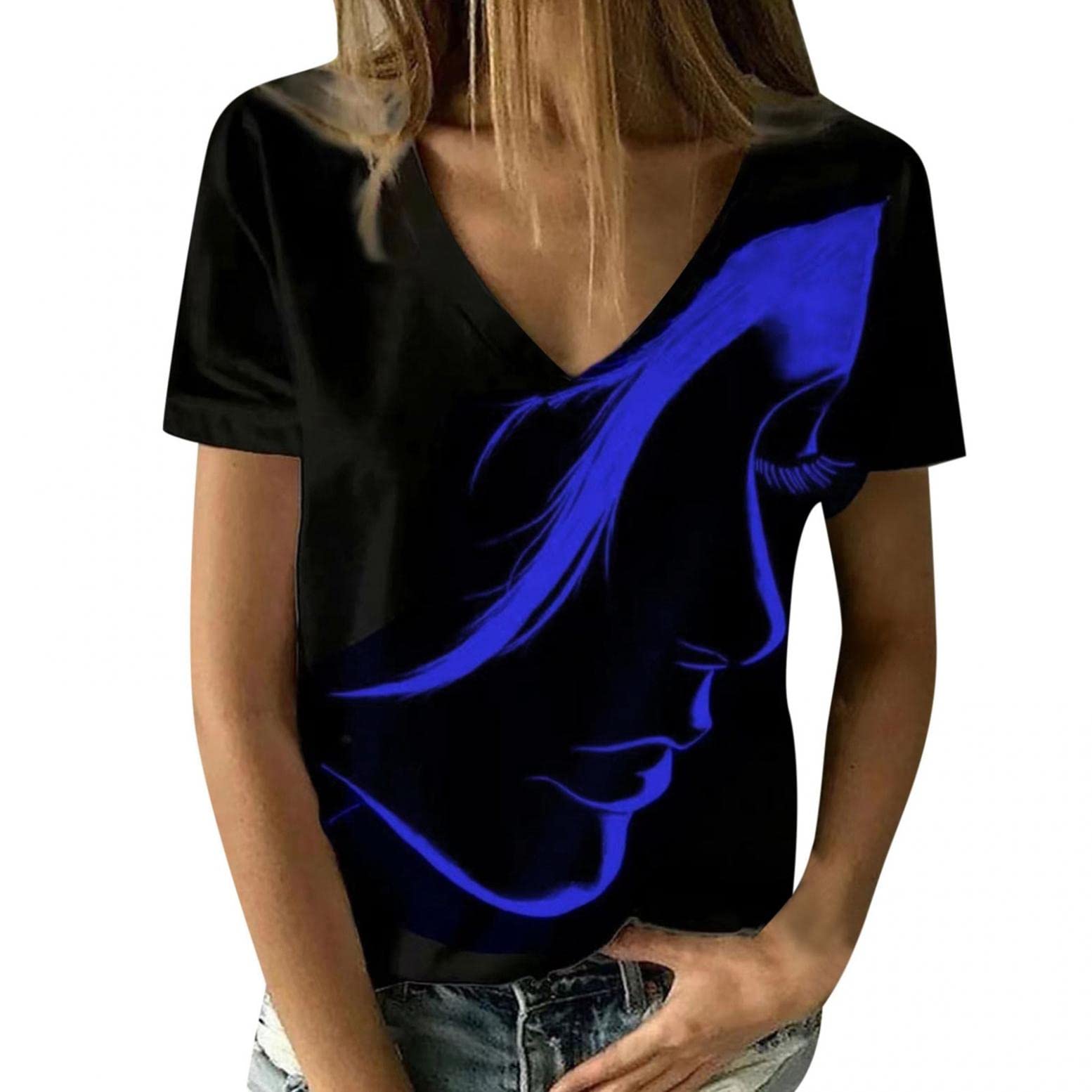 Women's Casual Short Sleeve V-Neck T-Shirt - Abstract Portrait 3D Print Summer Top in Black | Perfect for Beach Outings, Date Nights & Casual Wear