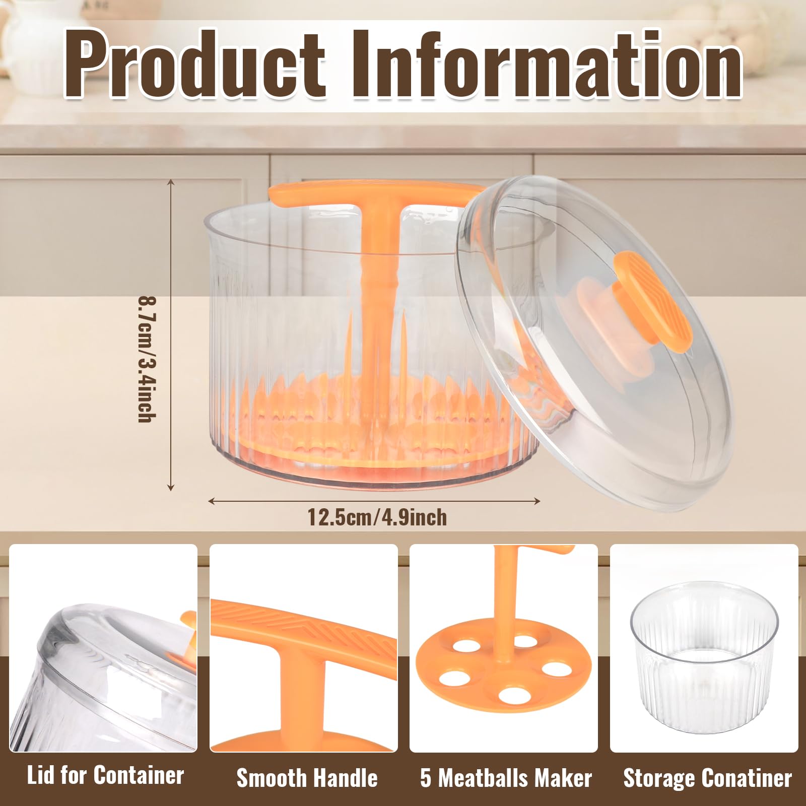 Premium 5-in-1 Meatball Maker Kitchen Tool - Transparent Meatball Press for Homemade Meatballs, Shrimp Balls, Veggie Balls & Round Pastries - Durable Orange Cooking Gadget for Easy Meal Prep & Party Snacks
