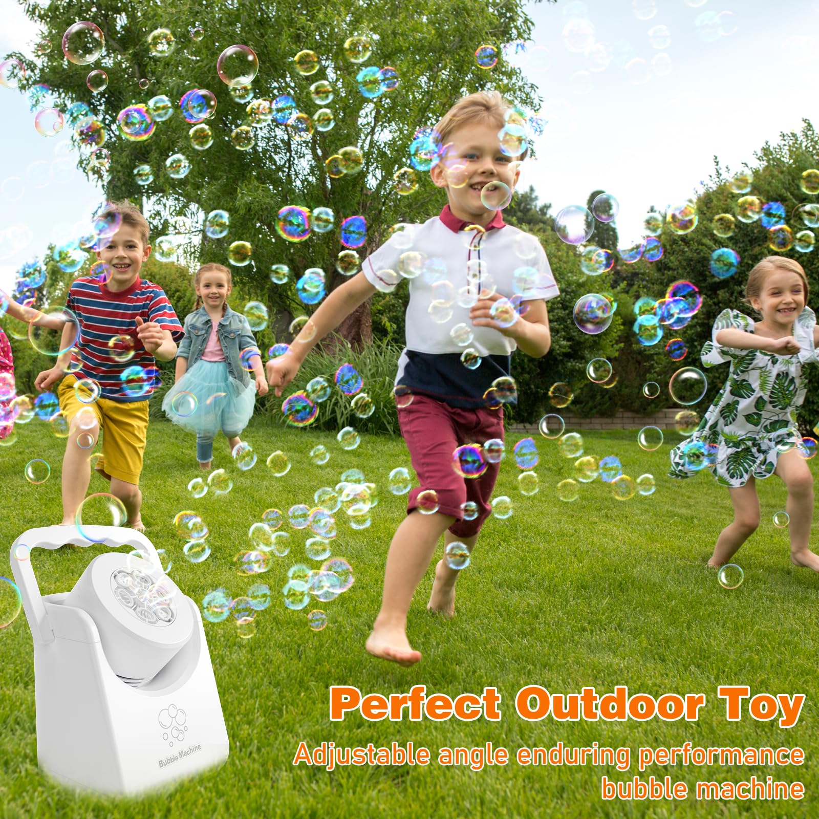 **Automatic Bubble Blower Machine for Kids - Battery Operated, 90° Adjustable Angle, Portable Electric Bubble Maker - Perfect for Birthday Parties, Weddings, Outdoor Play & Indoor Fun (White)**