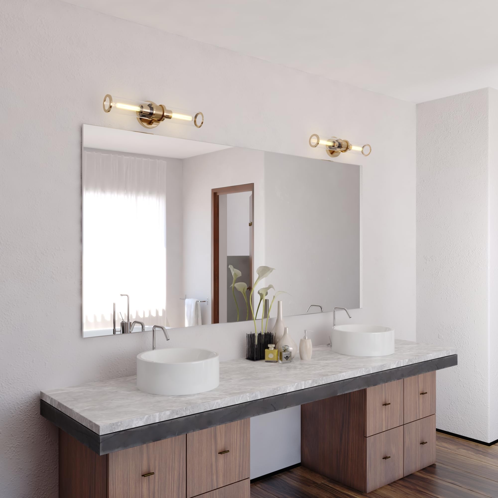 VAXCEL Levitt 2-Light Bathroom Vanity Light Fixture - Mid Century Modern Industrial Style with Satin Brass Finish & Clear Glass Shades - Perfect for Bathroom, Powder Room, and Dressing Area Lighting