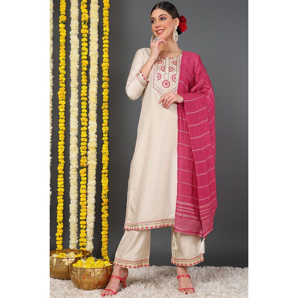 Off-White Silk Blend Party Dress Set for Women - Elegant Festive Outfit for Holiday Parties, Weddings & Special Occasions