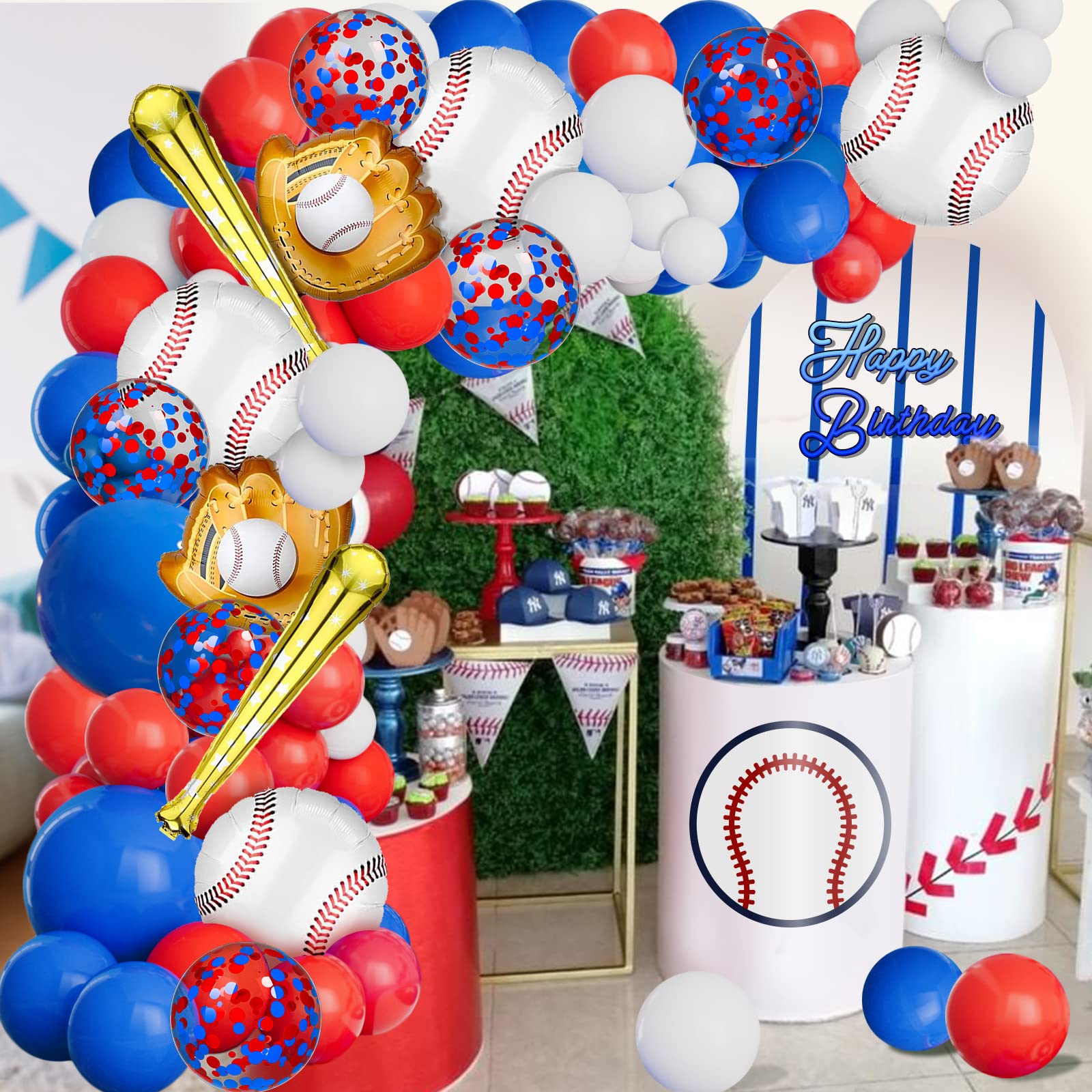 AobkDeco Baseball Balloon Garland Arch Kit - 113pcs Red White Blue Confetti Latex & Foil Balloons for Baseball Theme Party Decorations, Birthday Supplies, Baby Shower | Perfect for Sports-Themed Celebrations, Game Day Decor, and Team Spirit Events