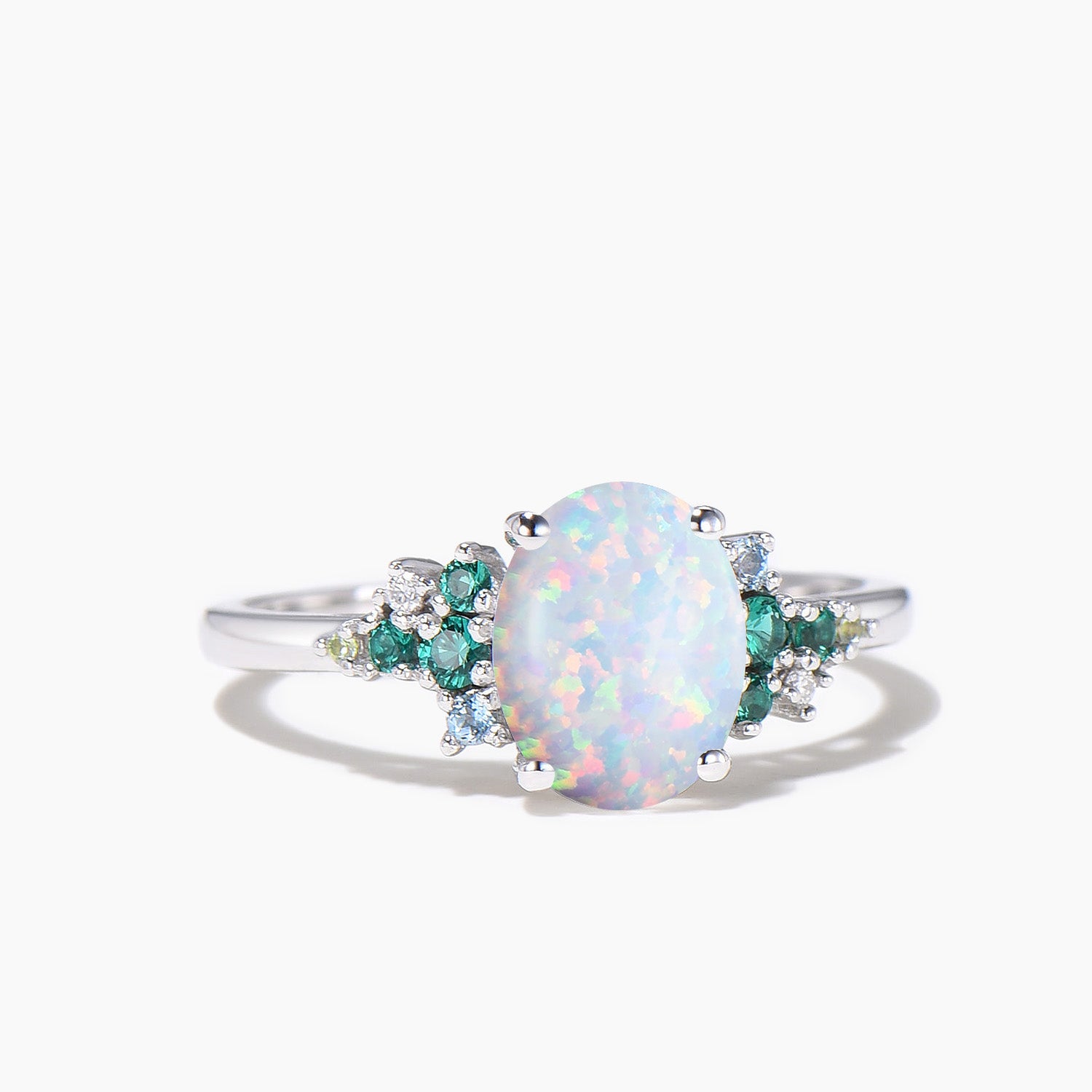 Oval Cut White Opal Engagement Ring - Emerald & Peridot Topaz Cluster Wedding Band for Women | Perfect for Proposals, Anniversaries & Bridal Jewelry