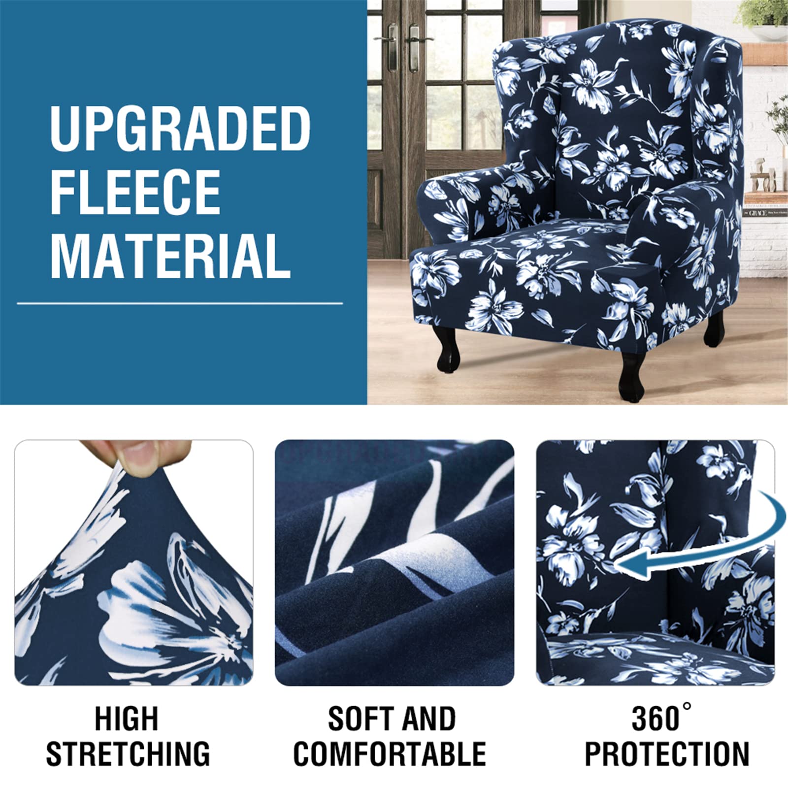 Floral Printed Wingback Chair Slipcover - Super Stretch Modern Style Wing Chair Cover with Elastic Bottom - 1-Piece Furniture Protector for Living Room, Bedroom, Office (Navy Blue)