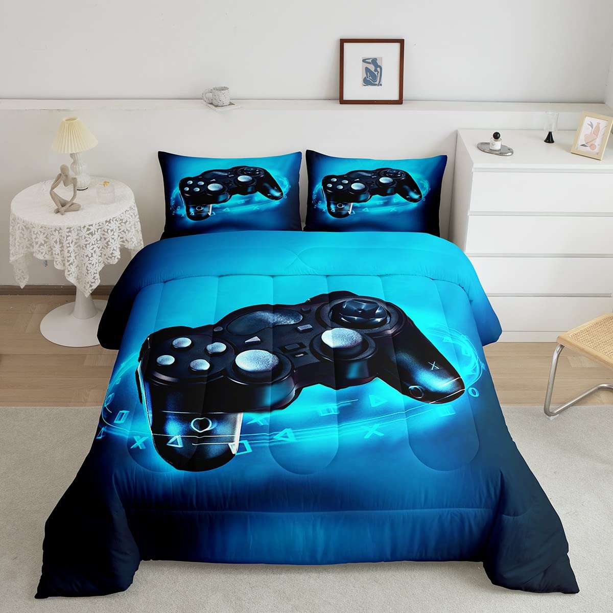 Erosebridal Blue Gaming Comforter Set for Boys & Teens - Queen Size 3-Piece Video Game Bedding (1 Comforter + 2 Pillowcases) - Perfect for Gamer Bedrooms, Teen Rooms & Gaming Themed Home Decor