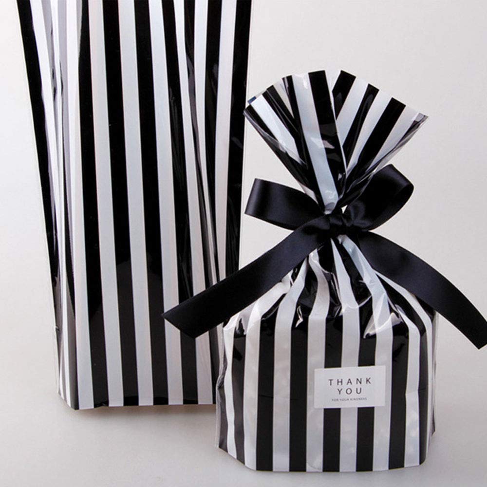YESON 50 Pack Black Stripe Clear Cello Bags - Plastic Candy Treat Bags for Party Favors, Wedding, Baby Shower & Holiday Gift Wrapping